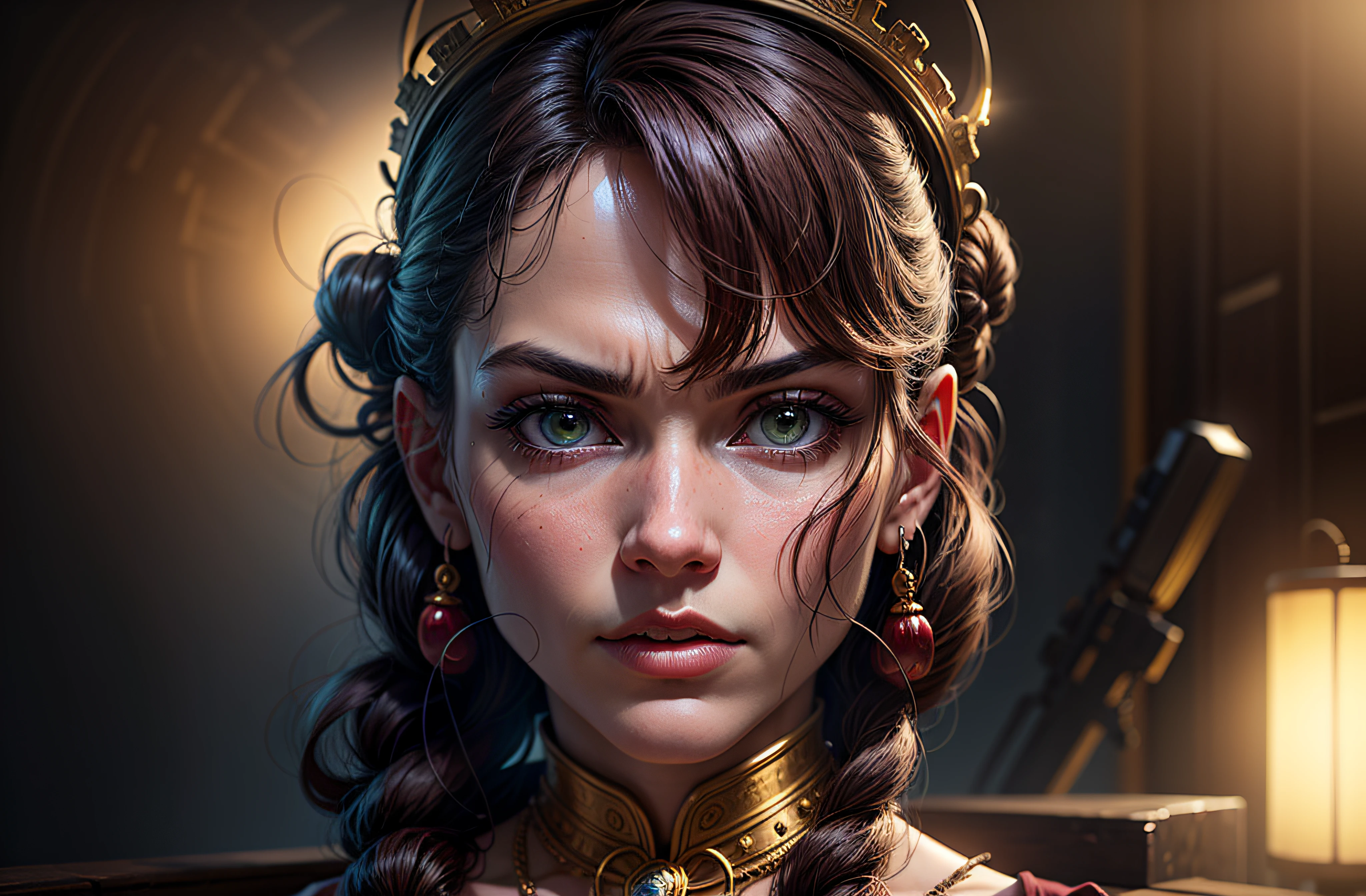 There is a woman with a very large chest and a very large necklace, 8k portrait render, Foto retrato suave 8 k, cinematic close-up of bust, cinematic bust portrait, cinematic bust shot, Cinematic realistic portrait, Retrato VFX altamente detalhado, realistic face moody lighting, CGSetivity Retrato, fierce expression 4k, closeup retrato de personagem, retrato vfx altamente detalhado de