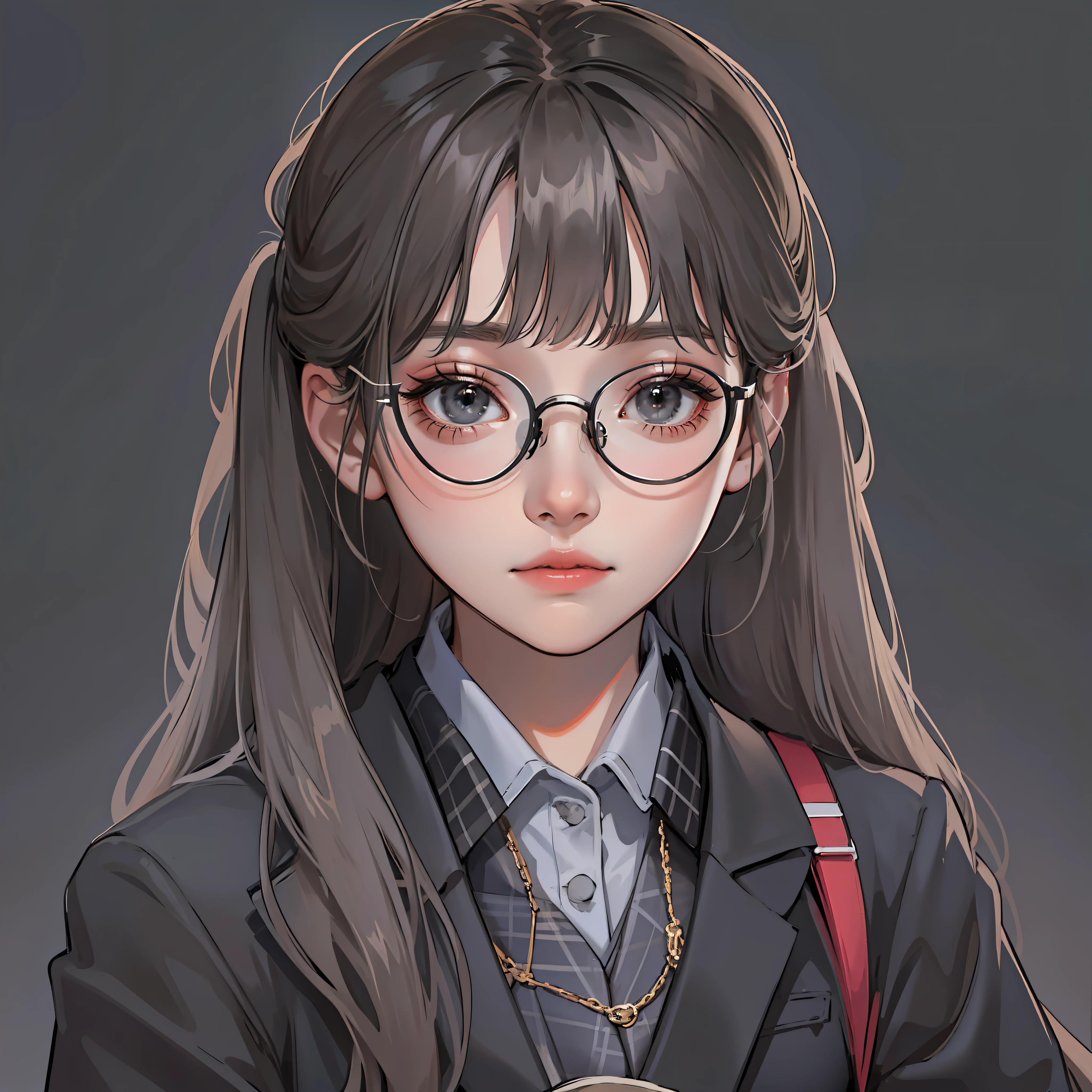 kr-pny, Outrageously long ponytail,Extremely detailed hair,  Parted bangs,  school uniform, Dark gray open jacket, Dark gray blazer, Pleated skirt, Plaid skirts, circle glasses, Reading a book, Shy and quiet girl,  intricately details, Best quality, Upper body, Realistic,Need，tmasterpiece，16k