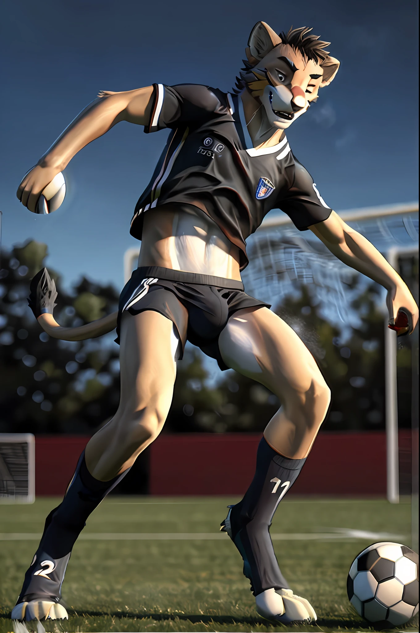 Alafede male soccer player playing soccer in black uniform, soccer player, soccer player, alex kanevsky, amazing photorealistic graphics, in game capture 3d render, soccer player antoine griezmann, sports mascot, professional cgi, Dark odor :: sport, physicality-based render, realistic CGI, soccer ball, play soccer, daniel maidman octane rendering，robotjoints，mechs，Closed-toe socks，Raised sexy,(((bulge)))