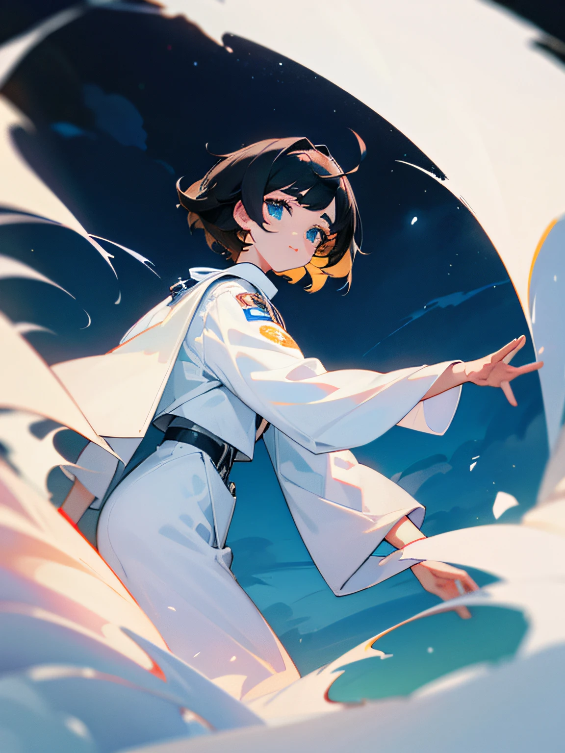 mtu，with short black hair，white  clothes，Night scene，bright， --auto