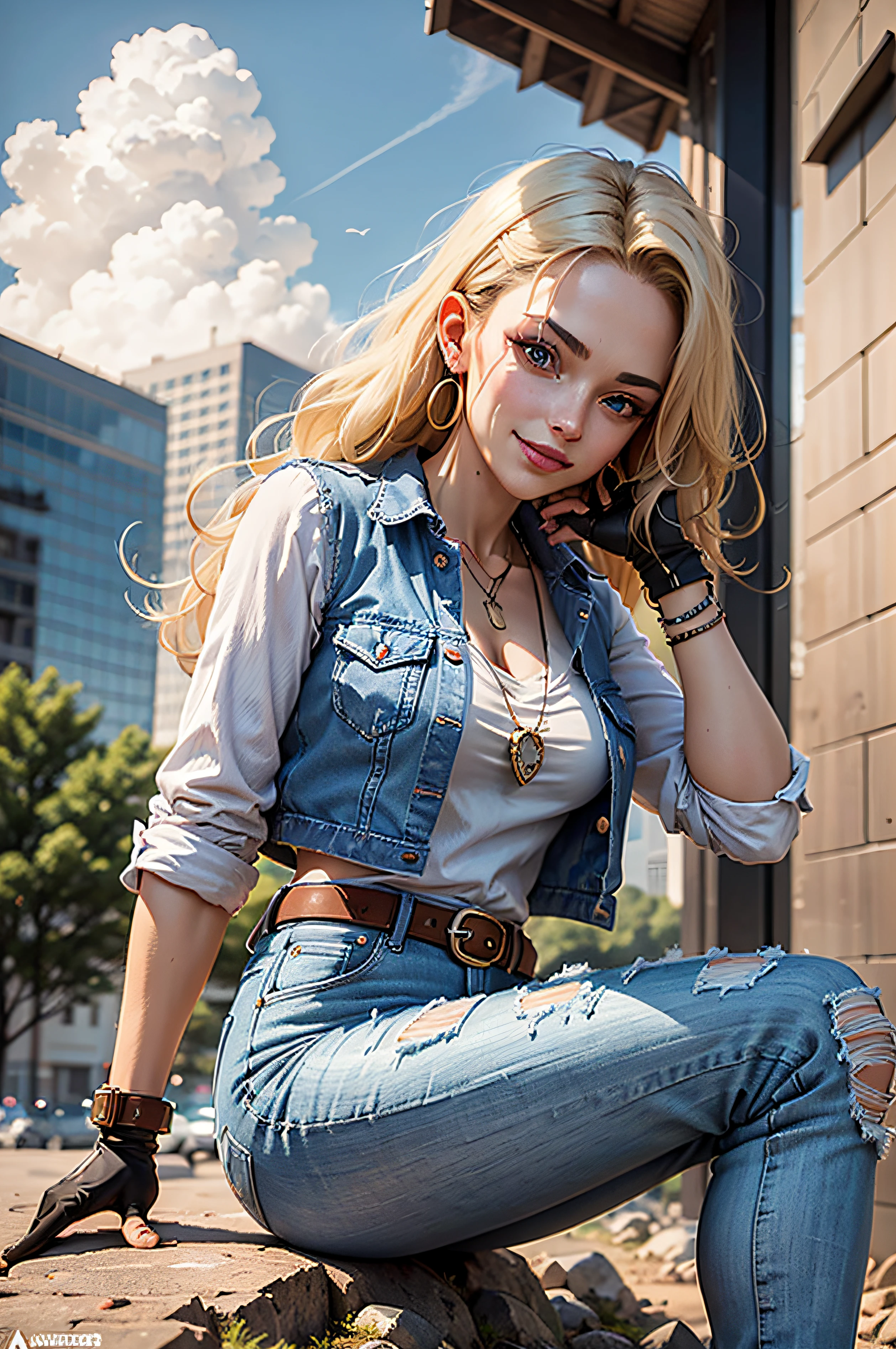 masterpiece, best quality, ultra-detailed, absurdres, Portrait of beautiful Android18DB, solo, earrings, jewelry, denim, smile, belt, vest, cloud, sky, day, pants, outdoors, gloves, necklace, jeans, rock, sitting, sitting_on_rock, volumetric lighting, best quality, masterpiece, intricate details, tonemapping, sharp focus, hyper detailed, trending on Artstation,