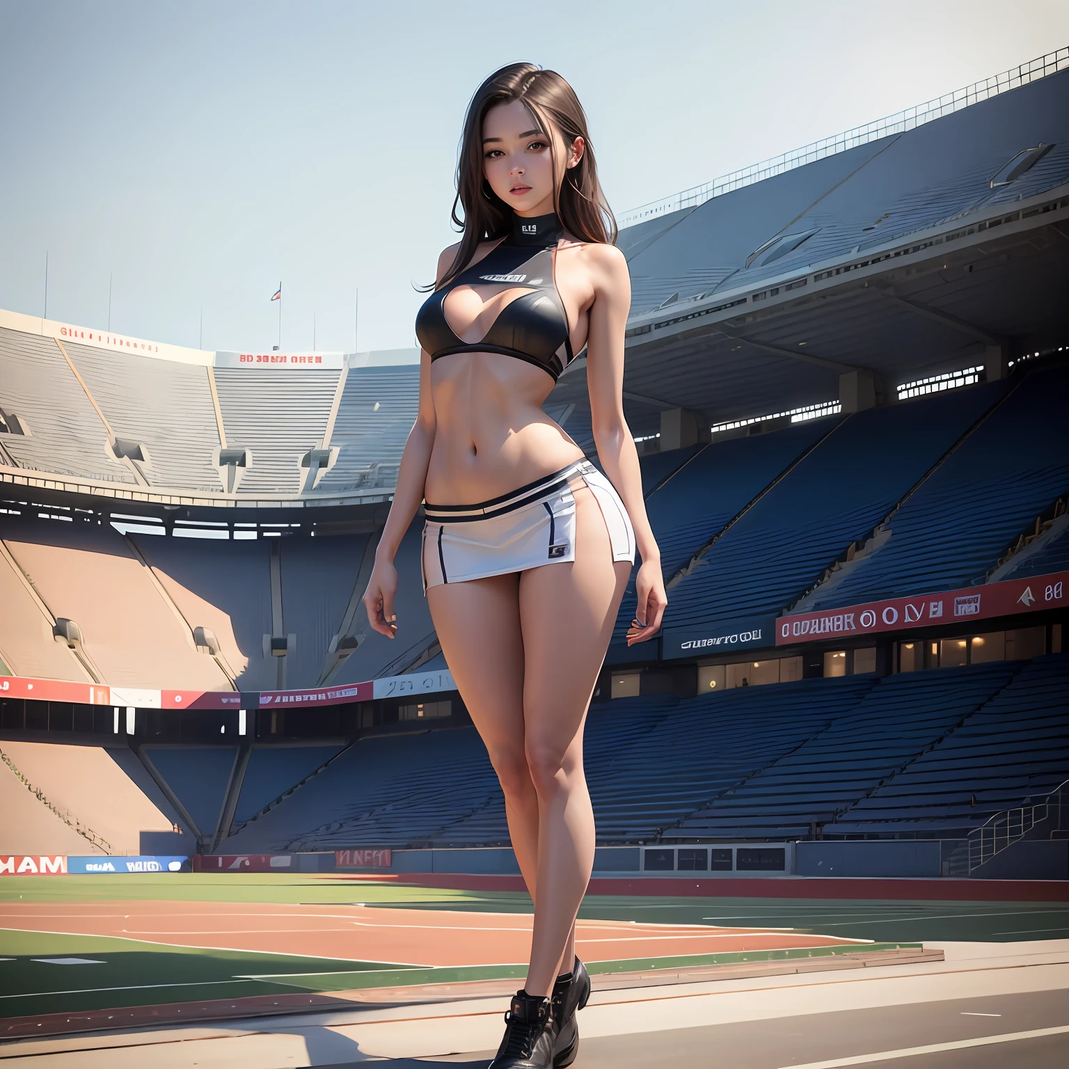 best qualtiy, Full body like，Refined face，18-year-old girl，Slim body，Larger bust，The kinky is exposed，Stadium scene，Stand tall --auto