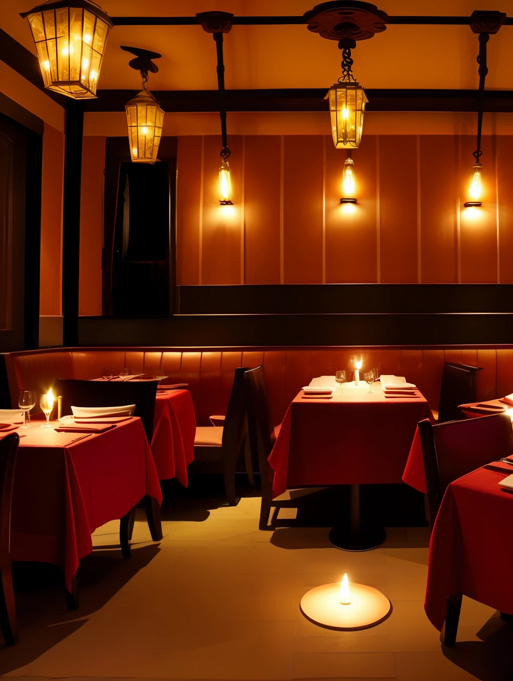 The analog style scenery quartieri spagnoli restaurant in Naples night illumination, candlelight, flowers