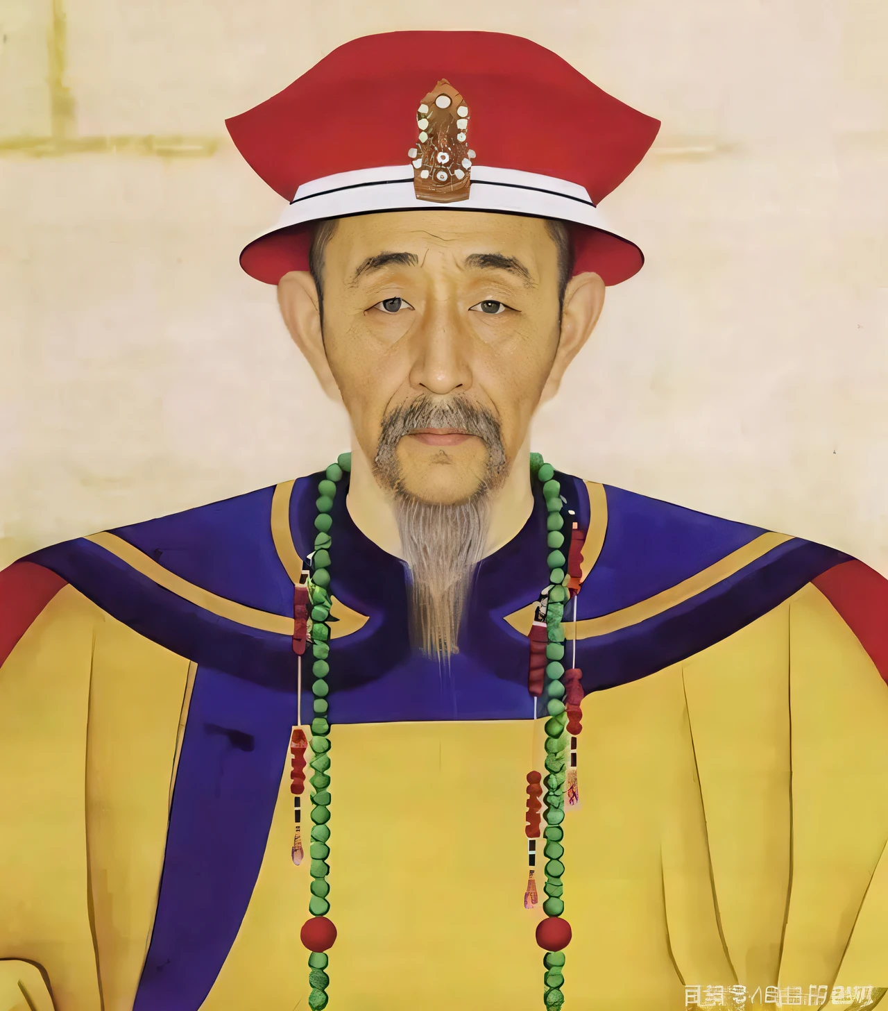 The facial skin is very aging,Creases around the eyes,Close-up of a painting of a man in a red and white hat, 1:1 Copy,tmasterpiece,Best resolution。16k,photorealisti,Realiy,realisticlying,(realisticlying:1.37),Very realistic,skin pore,A bearded 70-year-old,Vicissitudes,Antiquity,Red and white stacked hats,Cloudy eyes,Eyelid drawing,The tip of the nose is small and narrow,Wrinkles at the corners of the eyes,Sunken eye sockets,Droopy cheeks,Qing dynasty clothing,Green beading,The tail of the eyebrow is downward,looking toward the viewer,frontage,Nasolabial folds,sunken cheeks,The cheeks are visibly sunken,Ancients,Kangxi Emperor of the Qing Dynasty,Qing dynasty surrealism, royal emperor