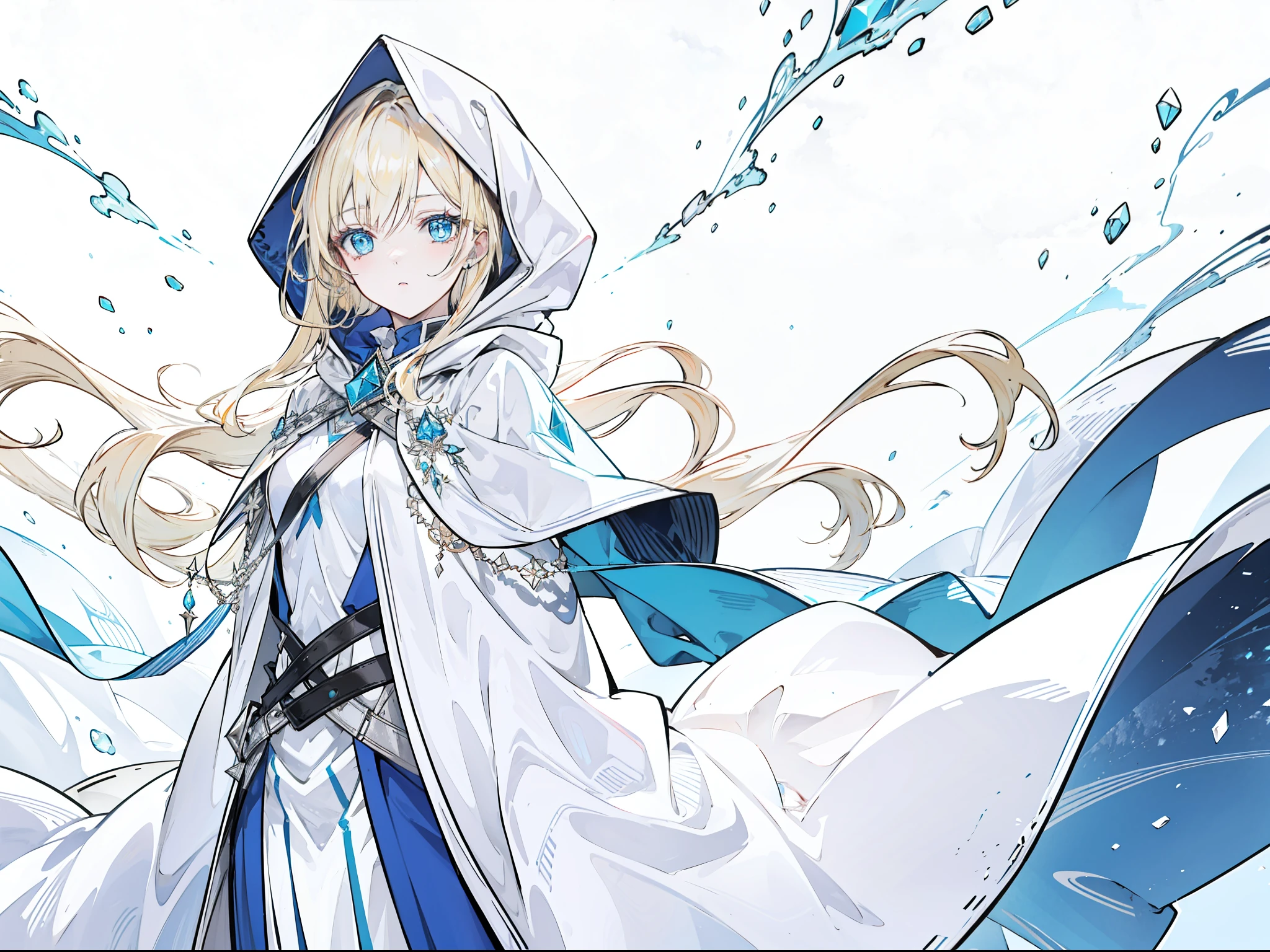 "Epic desert daylight atmosphere, stunning 4k artwork featuring a beautiful girl with tied light-blonde hair. Blue diamond eyes. She was wearing white heroine cloak with hood in desert"