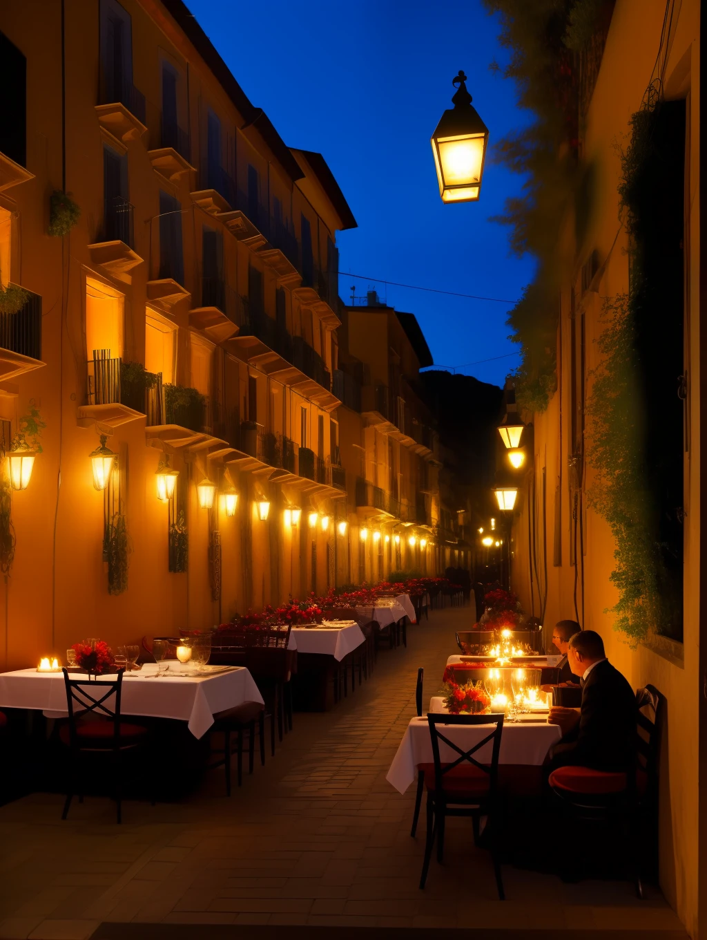 The analog style scenery quartieri spagnoli restaurant in Naples night illumination, candlelight, flowers