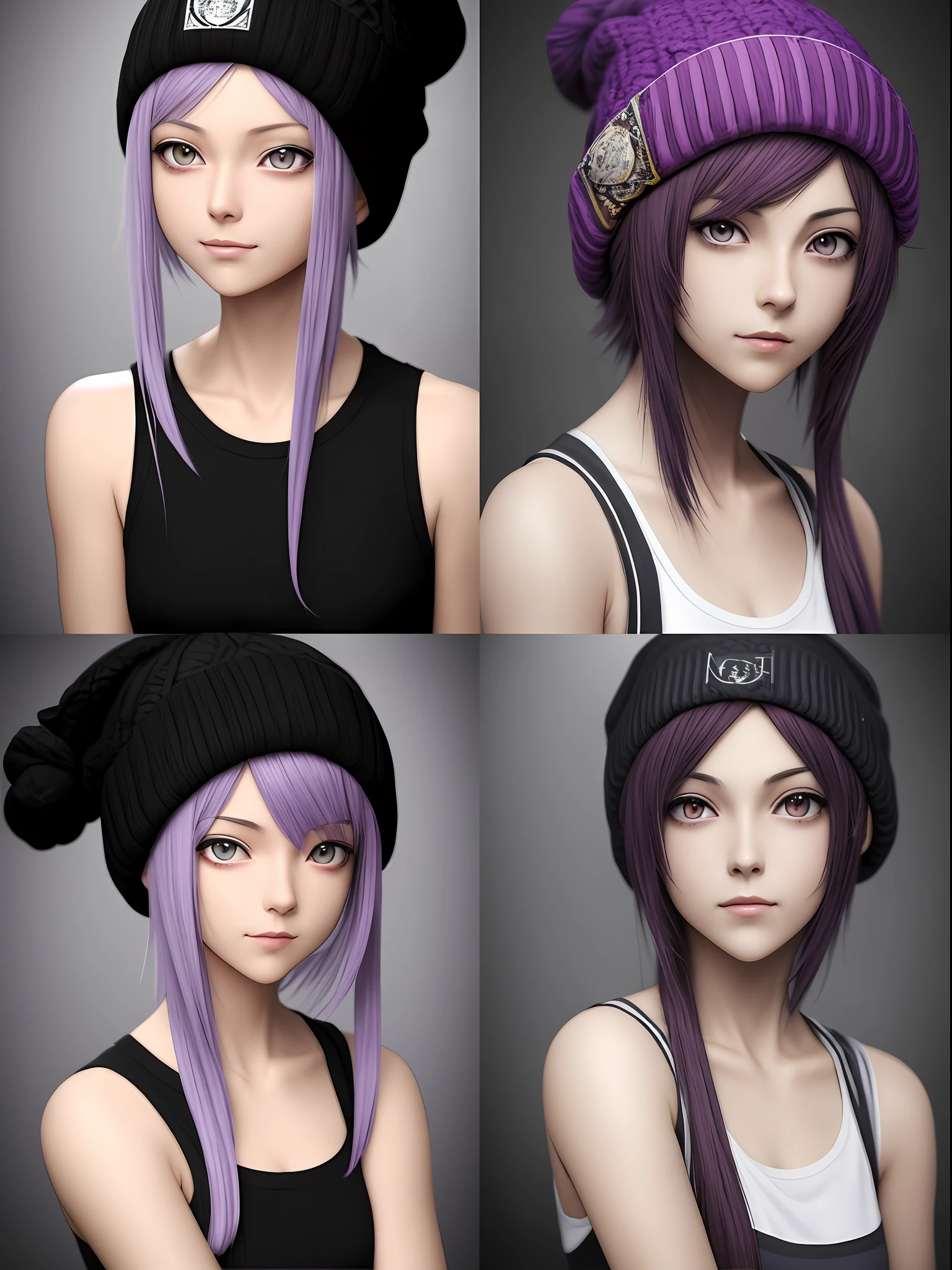 Four different photos，A woman with purple hair and a beanie, High quality detailed art in 8K, Realistic anime 3 D style, realistic art style, realistic anime artstyle, Anime style. 8K, photorealistic art style, 3 D rendering character art 8 K, Realistic anime art style, anime realism style, Beautiful digital artwork, anime styled 3d