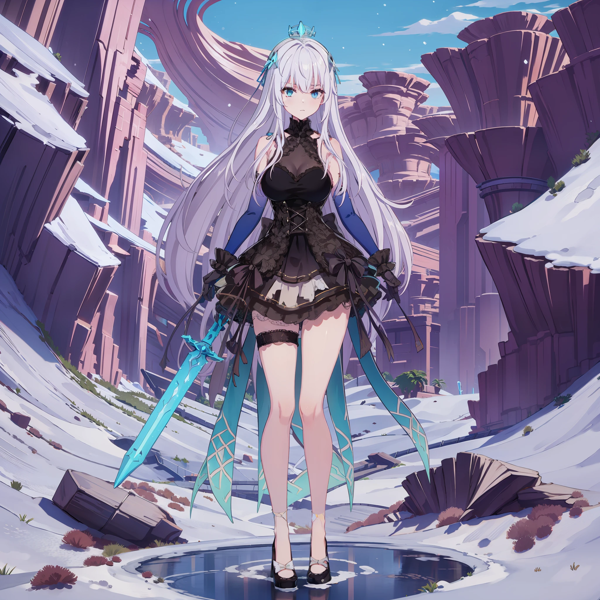 Woman, white hair, steady gaze, white blue dress, wearing a snow crown, Standing on top of rock, wielding a huge sword, Iceberg background, Snowfall