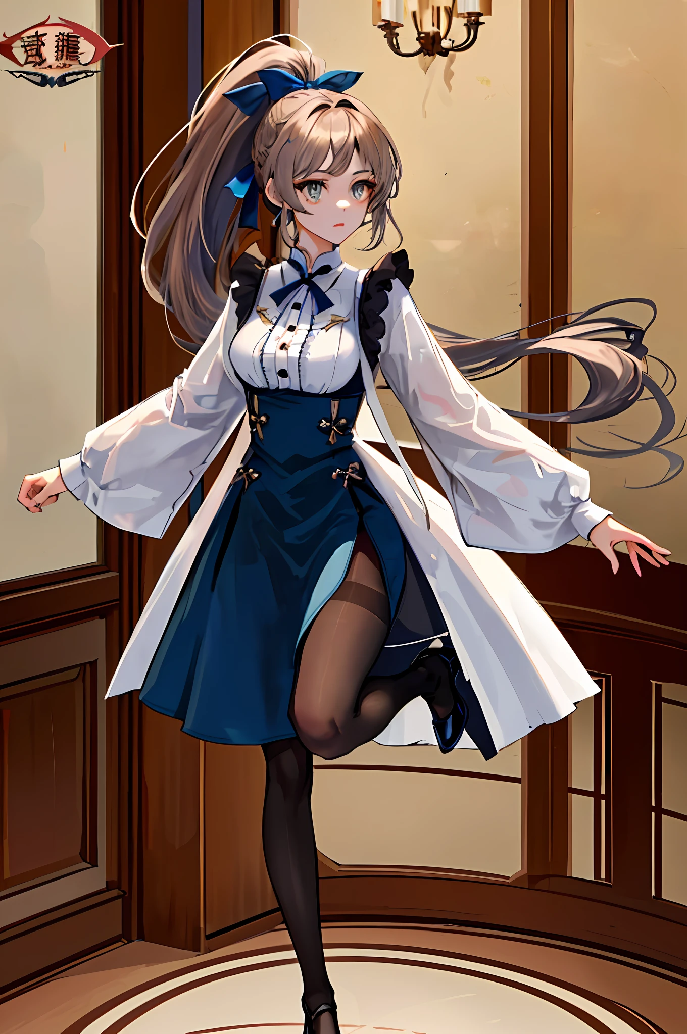 （tmasterpiece，best qualityer）， 1girll，brunette color hair，Single horsetail，High ponytail，shairband，Amber eyes， 独奏， full bodyesbian， standing on your feet， lacepantyhose， （Porcelain dress， breast curtains：1.2），