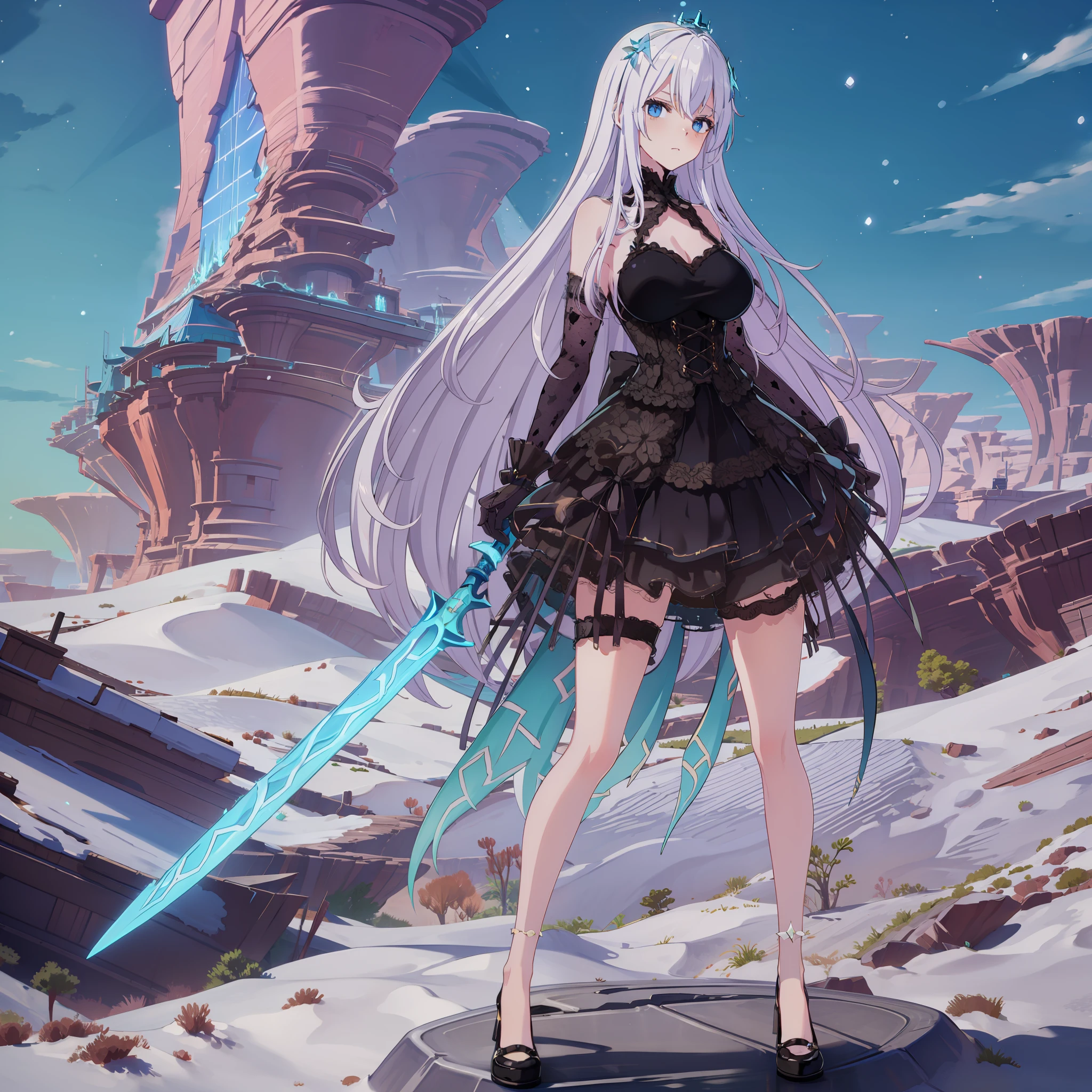 Woman, white hair, steady gaze, white blue dress, wearing a snow crown, Standing on top of rock, wielding a huge sword, Iceberg background, Snowfall