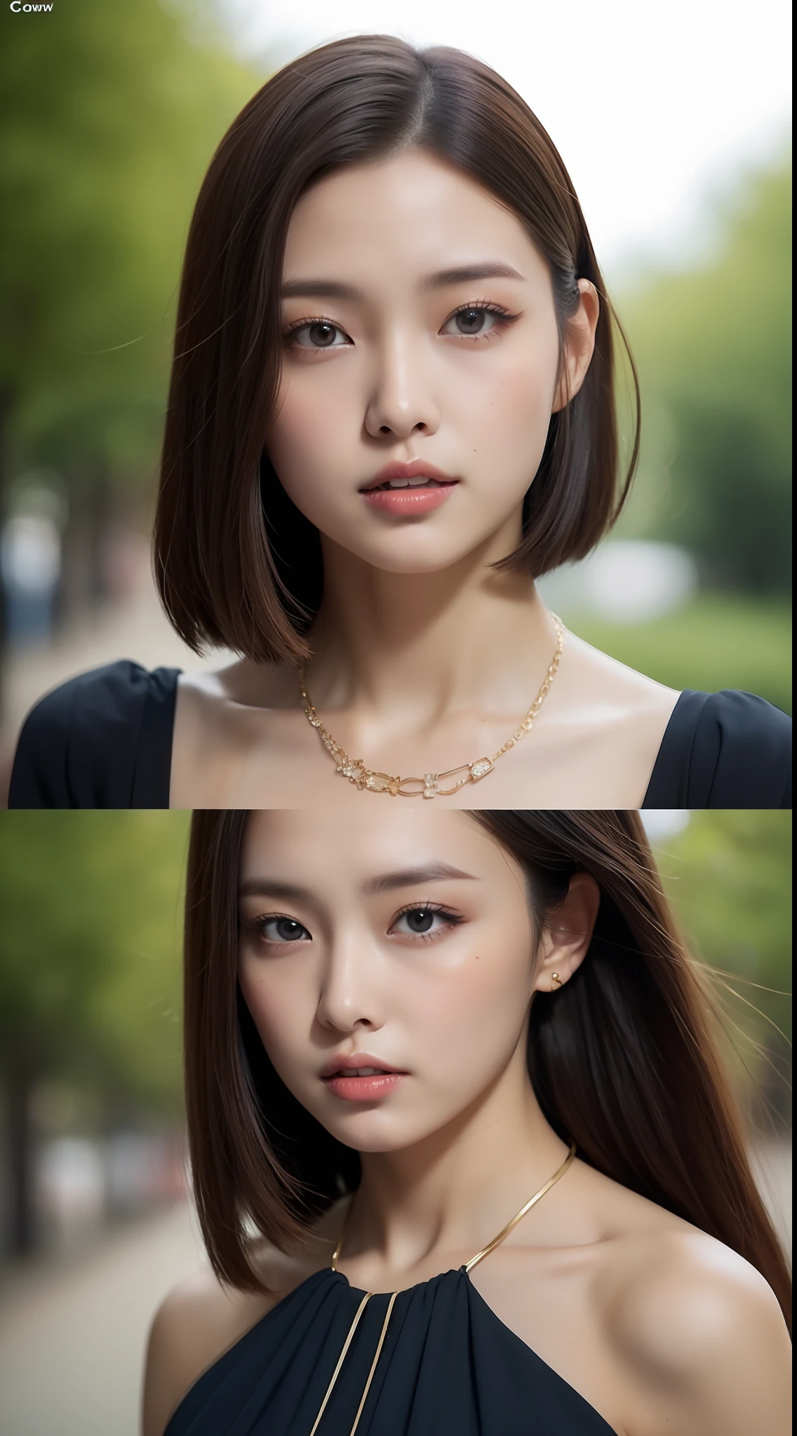 (8K、Raw photography、top-quality、masterpiece:1.2)、(realisitic、Photorealsitic:1.37)、ultra-detailliert、超A high resolution、(Solo Japan Women)、18 Year Old Woman、(with round face)、long eyeslashes、Beautiful black eyes、natural make up、large full breasts、Blue Color Dresses、(very short bobbed hair)、a necklace、Poses in motion