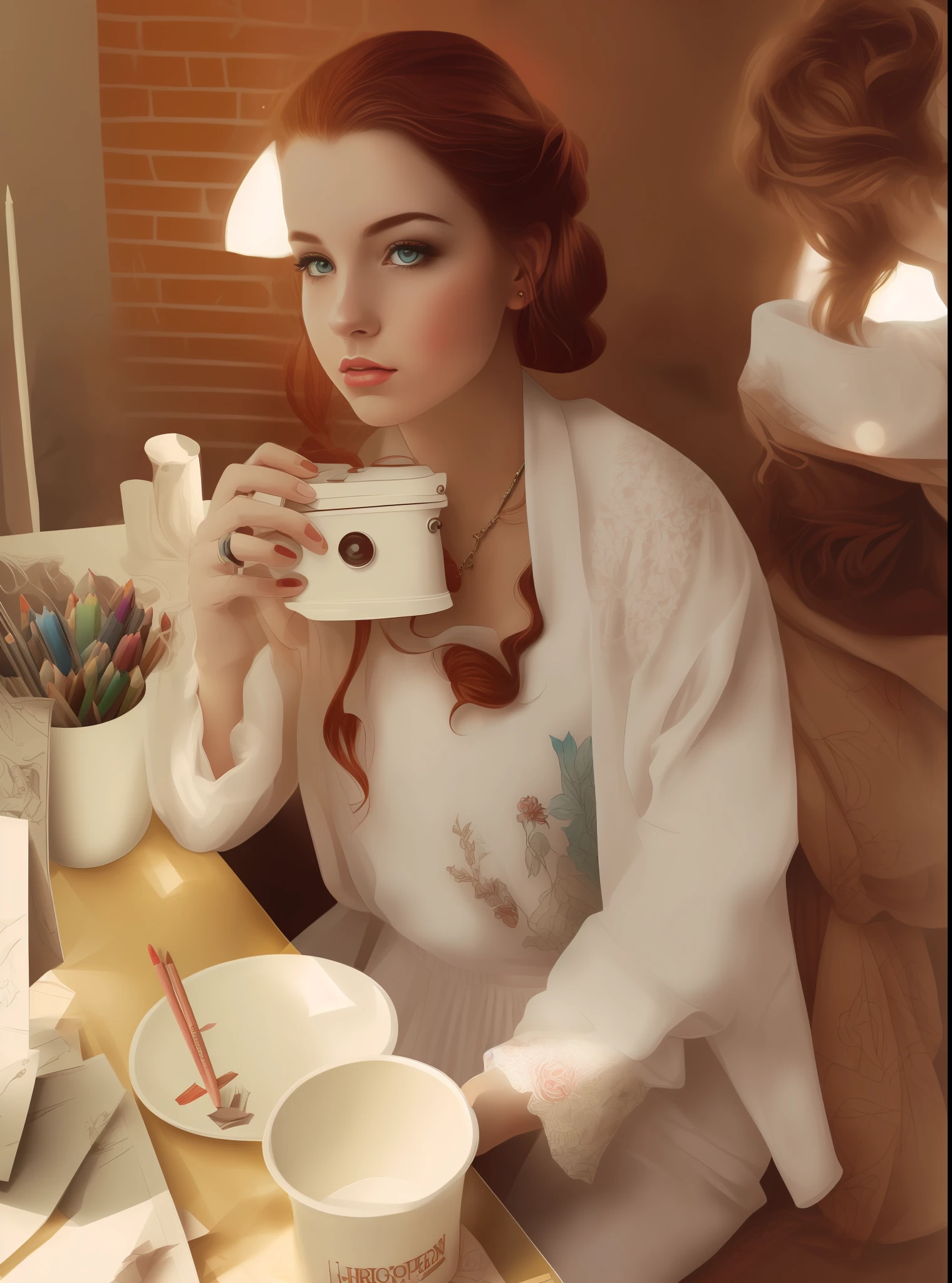 (((Lots of color filters+Vintage effect:1.2+retro style)), hiquality, Detailed drawing, Impressive illustration, beautifull details), Dynamic composition, Bright colors, Magical atmosphere, mysterious aura, Mysterious light, Girl in stylish clothes, Bright make-up, hair of different colors (Red-haired), Fantastic backstory, magnificent details, Dreams and inspiration.
