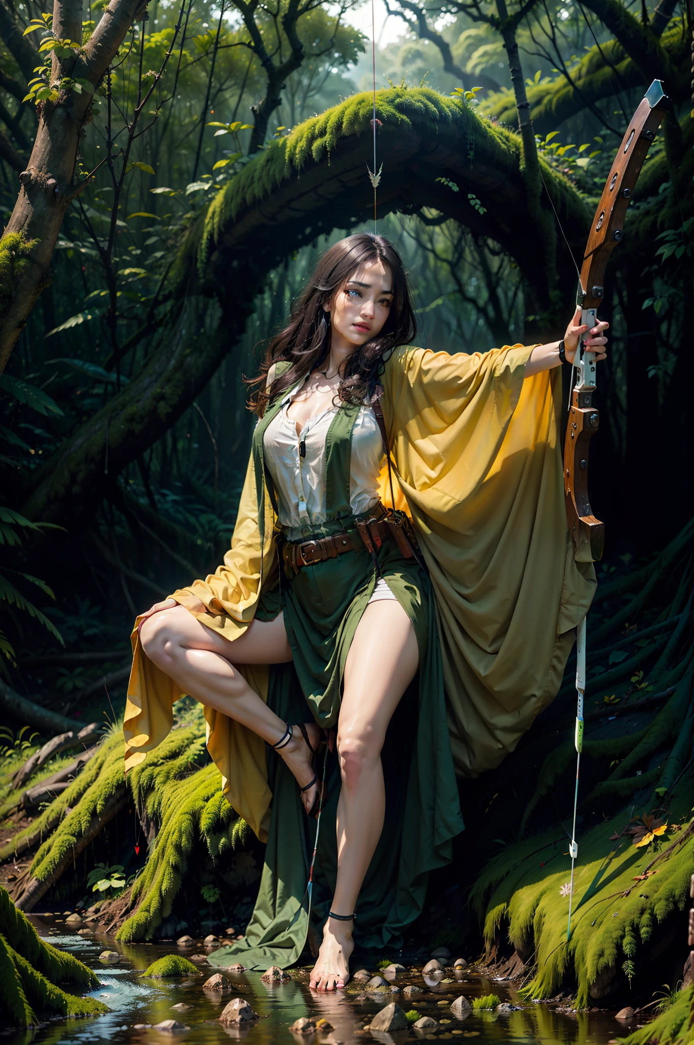 （digitial painting），（best qualtiy），A beautiful woman who is hunting and shooting arrows，Tropical primeval forest，Green moss，vine，Huge trees，Cover the sky，8K hyper-realism，Strong color scheme，gentle illumination, prime time, Enigmatic Atmosphere,