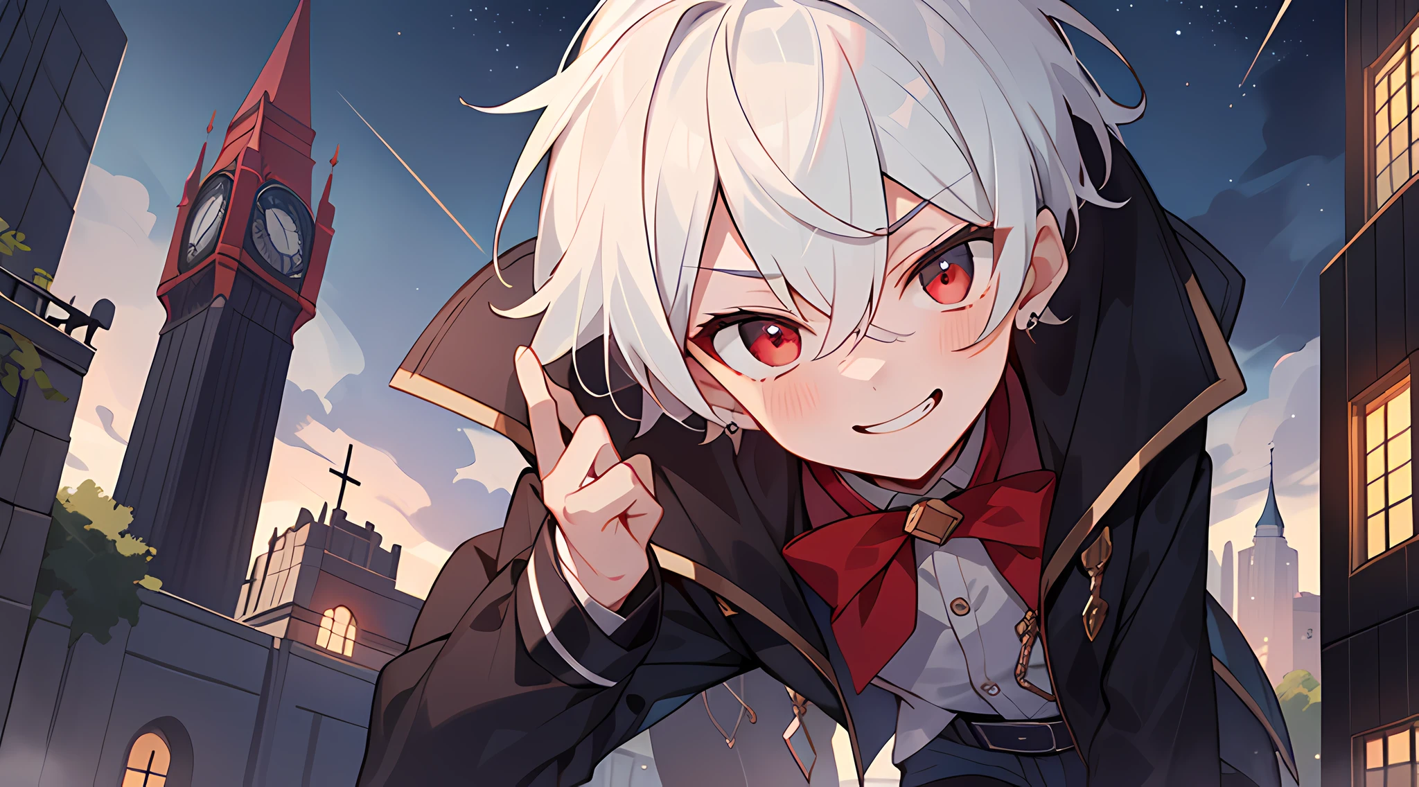 ((masterpiece)),(((best quality))), (high-quality, breathtaking), (expressive eyes, perfect face), 1boy, solo, male, short, young, small boy, short white hair, red eyes, on top of building, night sky, dark, buildings, phantom thief, wear short shorts, smirk