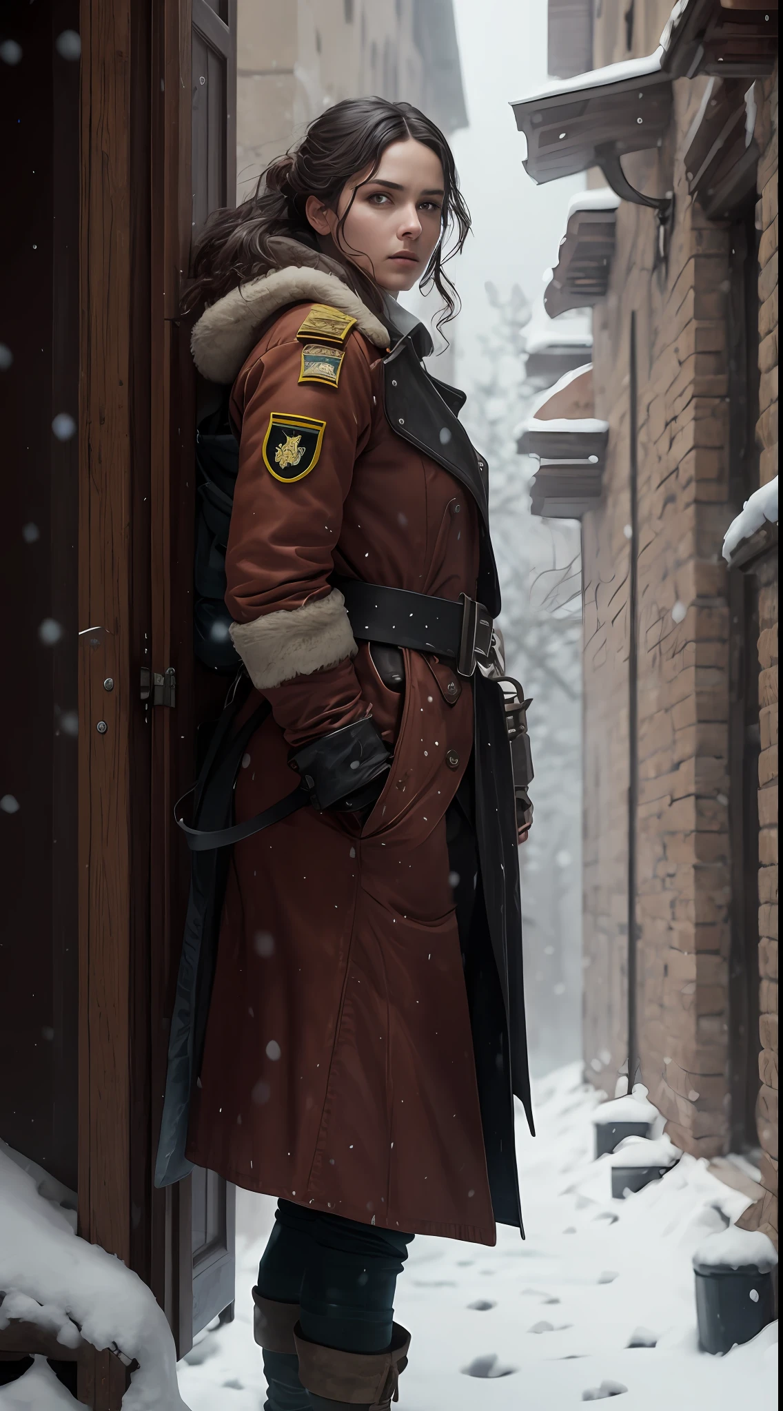 A beautiful Italian army woman in a white uniform in a blizzard, foco nítido, Studio photo, detalhes intrincados, altamente detalhado, profundidade de campo, foco nítido, High detail, textura de pele realista, Realistic, fotorrealista, Arte Digital, tinta escura, Directed by: Greg Rutkowski