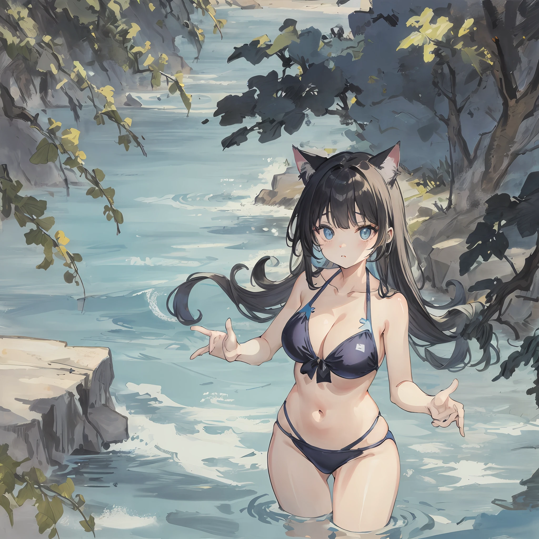 Cat, blue, cute, big eyes, masterpiece, sea, swimsuit