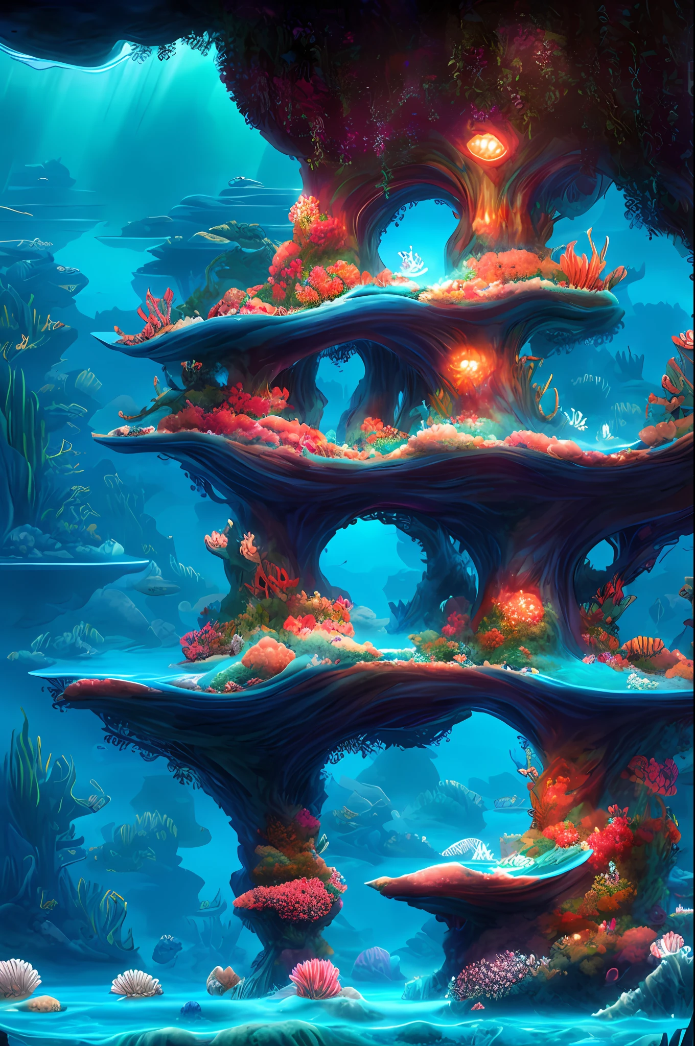Aqua Maris Palace is a majestic castle nestled beneath the shimmering waters of a vast ocean. Its walls are constructed from iridescent seashells and corals, glowing softly with a mesmerizing aquatic light. Within the castle's chambers, elegant underwater gardens thrive, filled with vibrant marine life and delicate seaweed tapestries. The throne room features a large glass dome, offering a panoramic view of the underwater kingdom. Aqua Maris Palace is a realm of tranquility and the home of a wise and benevolent sea king.