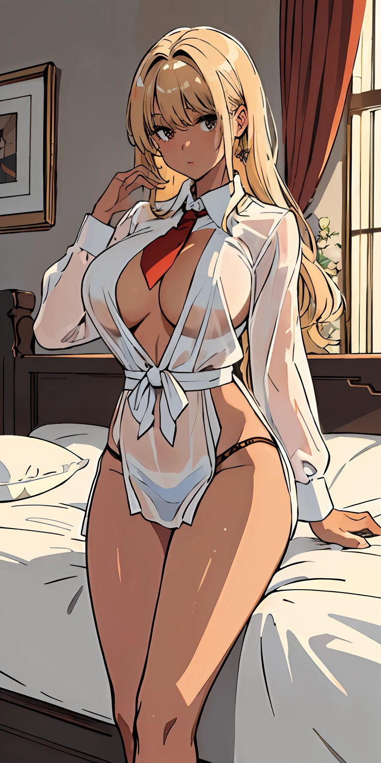 (((top-quality、masterpiece)))、1girl in、A stunning、a blond、barechested、(a bed)、((on the beds))、(((seductiv)))、School Uniforms、(Sheer clothes)、(((Brown skin tone)))、sun burn、(((Colossal tits)))、large full breasts、Sheer areol、neck tie、I see underwear