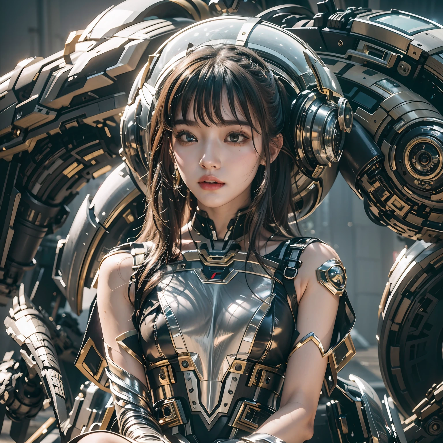 1girll,Big eyes,Perfect facial features,With a mecha helmet,mechs,Photorealsitic,Metallic,sitting on a stool,eyes looking at the lens,Lips slightly open,There is a mecha dragon behind him,Dragon,best qualtiy,c4d渲染,rendering by octane,Cinematic quality,tmasterpiece,16k