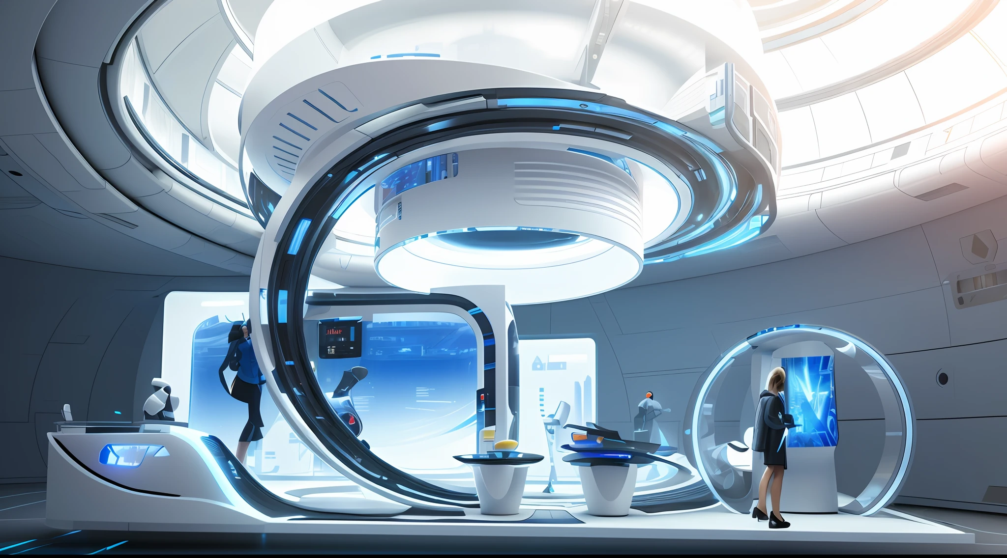 "(Futuristic interior close-up with exaggerated structure), 3D iOS room:1.2, Public exhibition hall，product showcase，Technologie，Creative concept:1.1, Cyber:1.2, scifi platform:1.1, 3d 8k render, 8K artistic rendering, Mix brightness:0.9, Color mixing:0.9)" 3d concept render, 3 d concept render, futuristic architecture concept, 3d cgi render