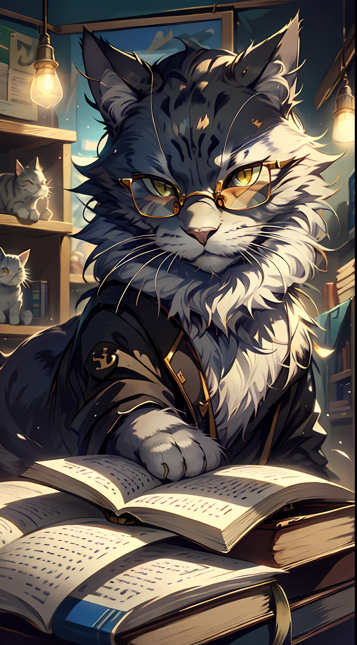Obra-prima, alta qualidade, melhor qualidade, bonito, HD, perfect lighting, imponente, doutor,, filosofia, Philosopher cat, inteligente, lindo, felino ((gato de pele preta e branca brilhante)), terno, (Round Eyewear), ler livro, c4ttitude,
