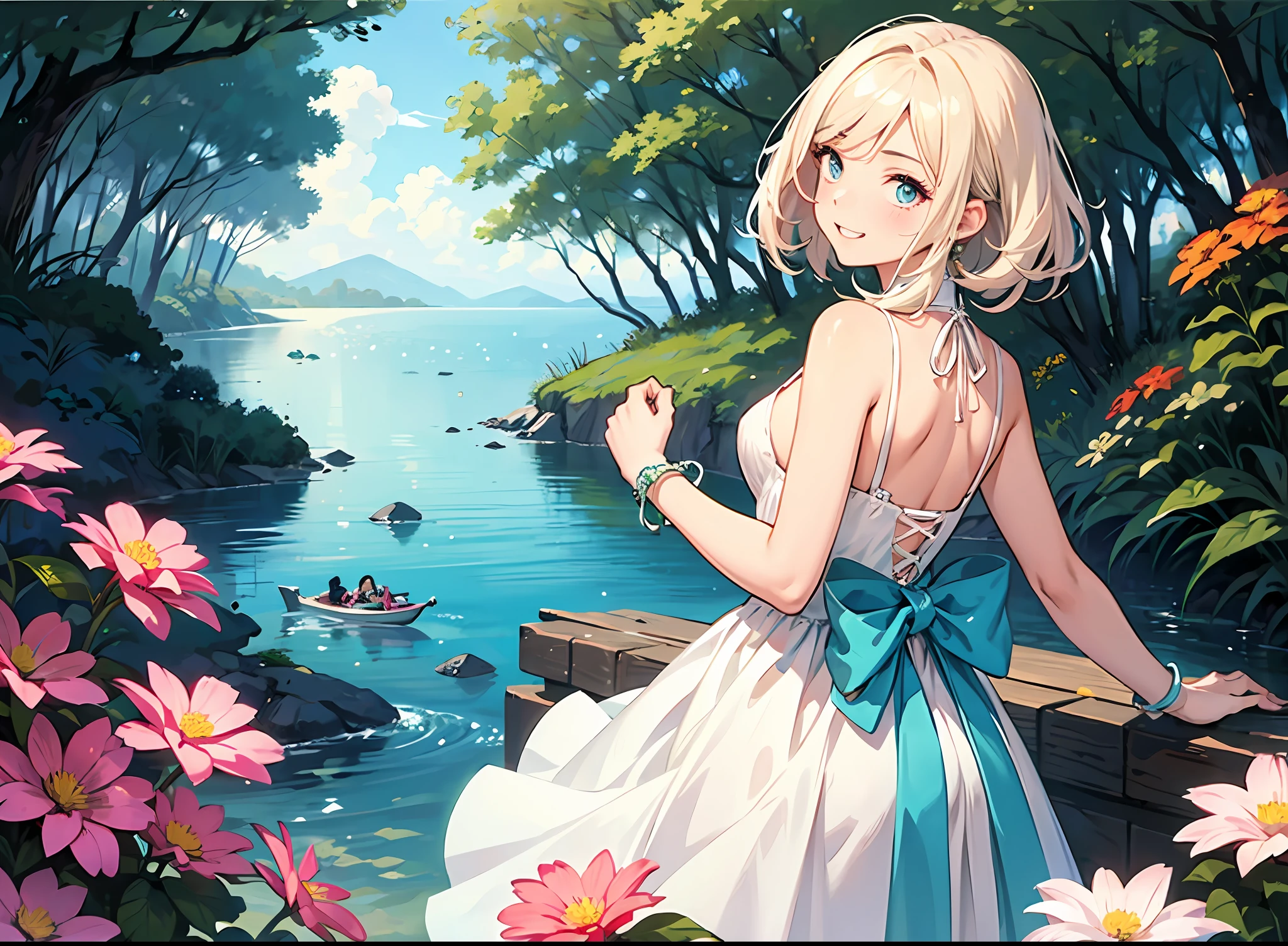 A girl in a dress stands in a sea of flowers，Look back，With a banter on his face anime style --auto