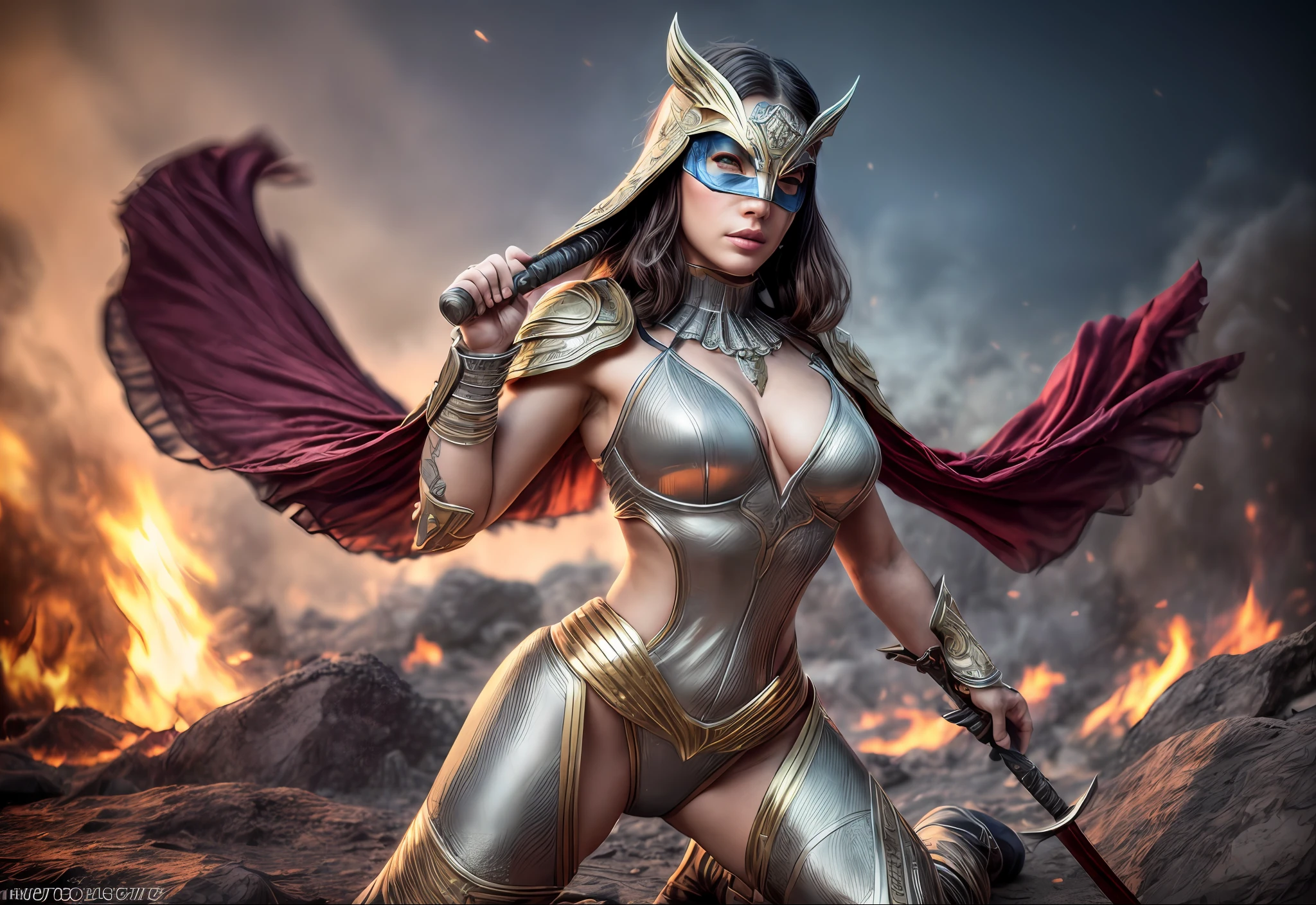 Epic battle scene with debris and fire in the background, smoke, Female spartan warrior wearing intricate battle armored made out of Diamonds, burgundy Cape, black war paint with a golden (oni mask) , she's holding a sword in each hand, kneeling in one knee with both arms stretched out on either side of her body with her head up looking like a Superhero pose, shallow depth of field, cinematic light, soft light (RAW, analogue, Nikon Z 14mm ultra-wide angle lens, award-winning glamour photograph, ((best quality)), ((masterpiece)), ((realistic)), tessellation, ambient occlusion, ray-tracing, subsurface scattering, radiant light rays, high-res, detailed facial features, high detail, sharp focus, smooth, aesthetic, extremely detailed, (extremely detailed eyes, extremely detailed iris), extremely detailed hair, extremely detailed skin, extremely detailed clothes, octane render, photorealistic, realistic, post-processing, max detail, realistic shadows, roughness, natural skin texture, real life, ultra-realistic, photorealism, photography, 8k UHD, photography, hdr, intricate, elegant, highly detailed, sharp focus, stunning, beautiful, gorgeous), 8k, intricate, elegant, highly detailed, majestic, digital photography, (masterpiece, sidelighting, finely detailed beautiful eyes: 1.2), HDR, wide angle camera, full portrait, full body