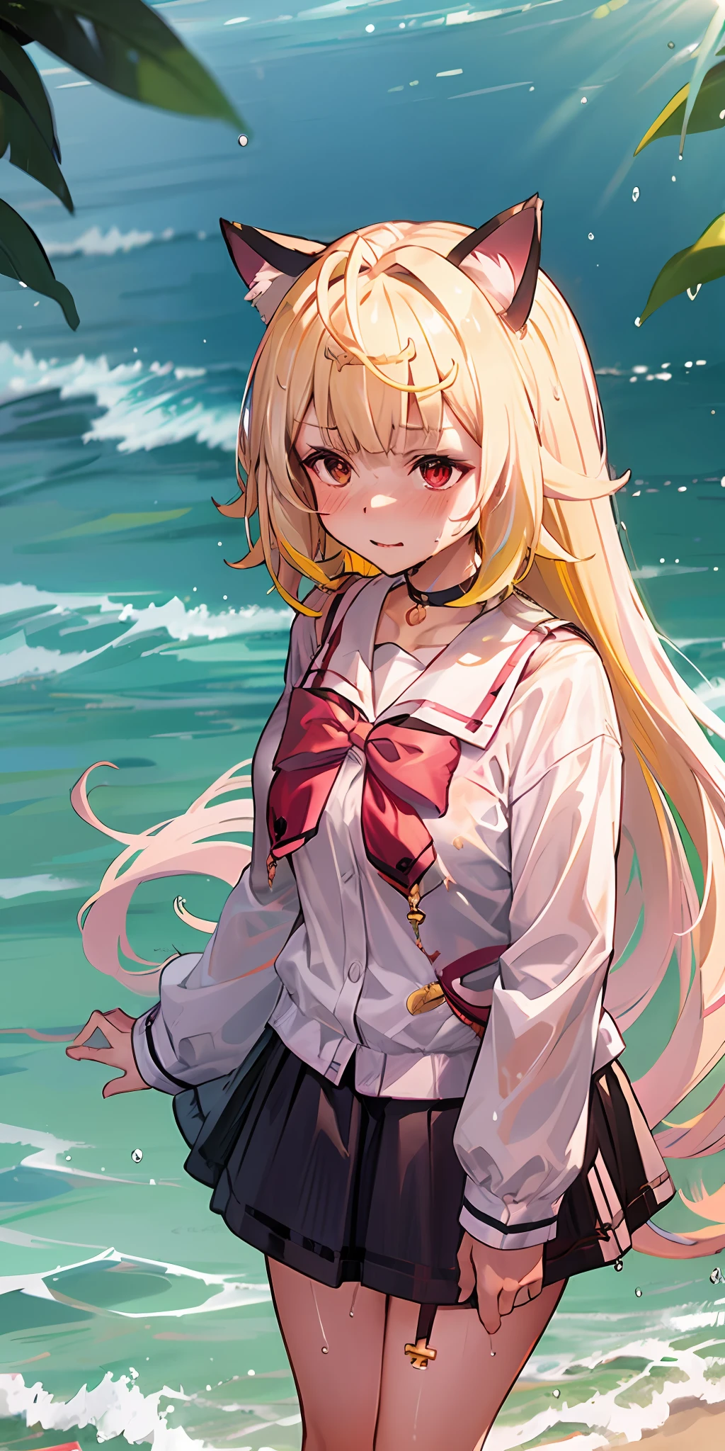 Anime girl with white hair and cat ears, red eyes, shy blush, wet school uniform, transparent cloth, water, seaside, beach, sunny
