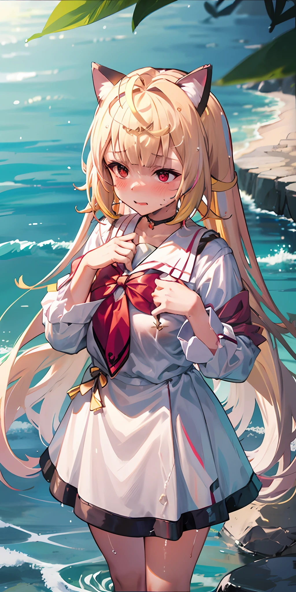 Anime girl with white hair and cat ears, red eyes, shy blush, wet school uniform, transparent cloth, water, seaside, beach, sunny
