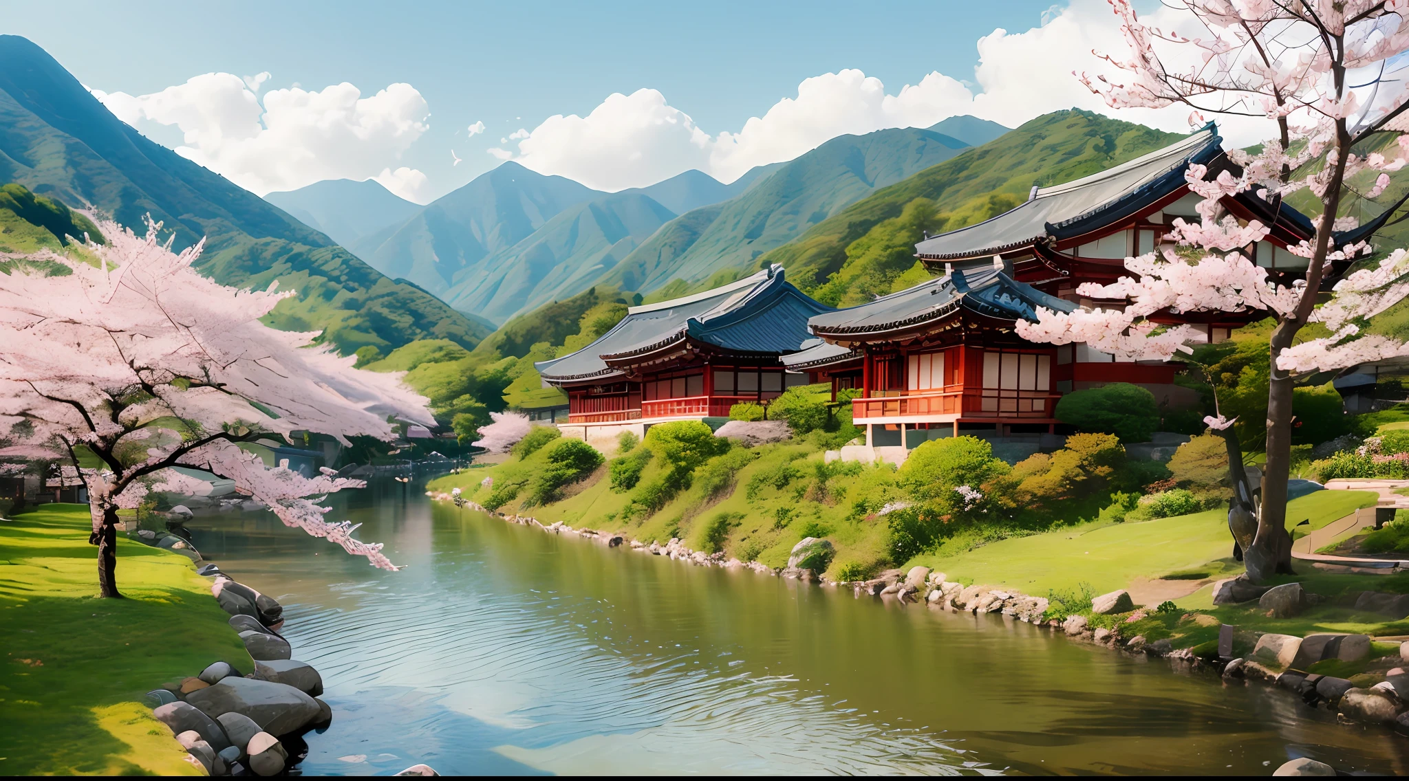 (masterpiece) Peaceful and serene (Korean landscape painting) featuring (traditional Korean architecture), (lush green mountains), (tranquil flowing rivers), (blooming cherry blossom trees), and a (calm blue sky). --auto