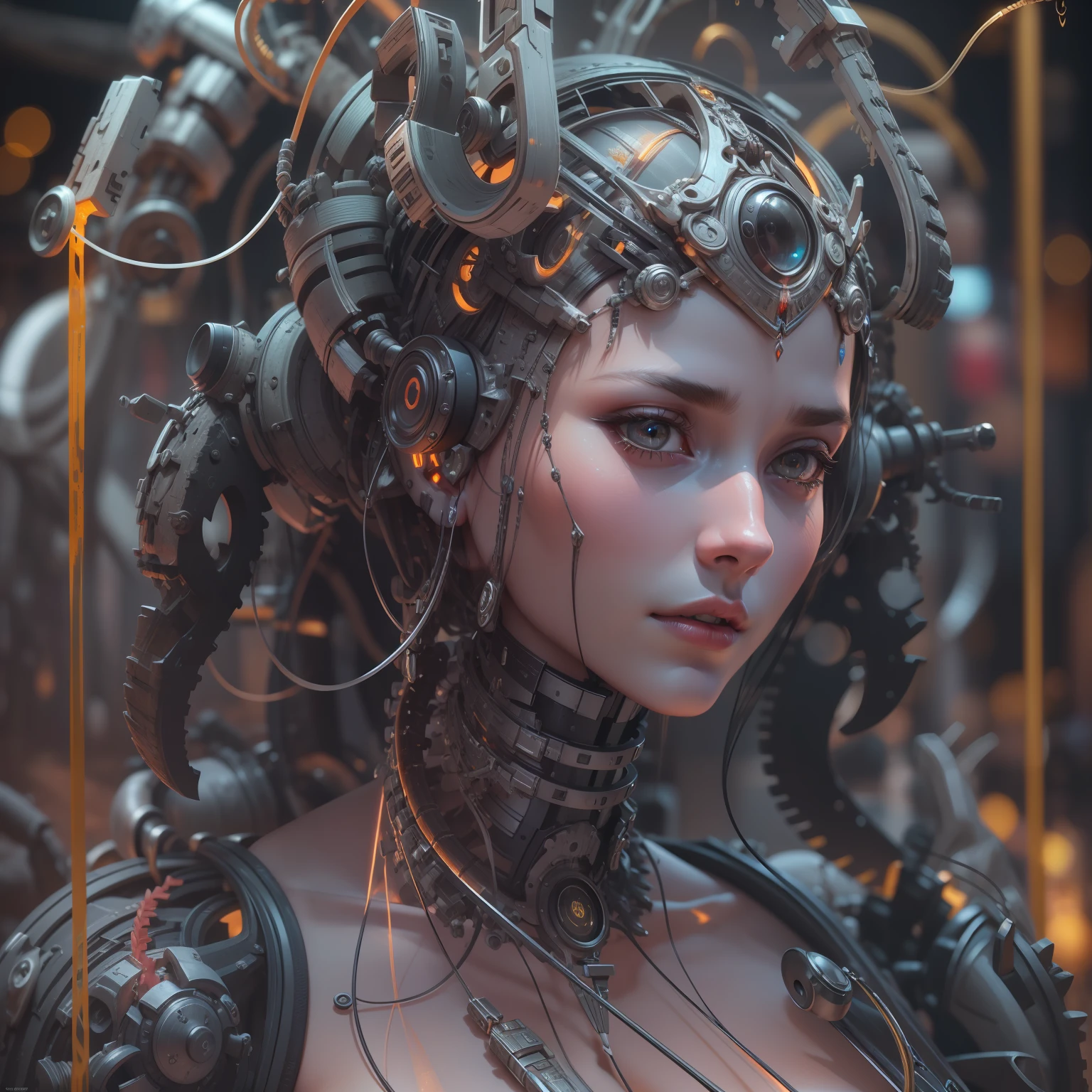 1mechanical girl,((ultra realistic details)), portrait, global illumination, shadows, octane render, 8k, ultra sharp,metal,intricate, ornaments detailed, cold colors, egypician detail, highly intricate details, realistic light, trending on cgsociety, glowing eyes, facing camera, neon details, machanical limbs,blood vessels connected to tubes,mechanical vertebra attaching to back,mechanical cervial attaching to neck,sitting,wires and cables connecting to head