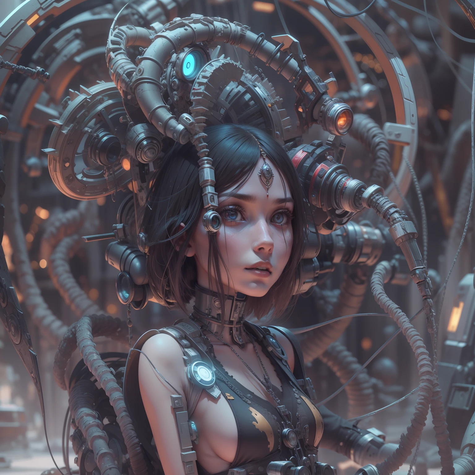 1mechanical girl,((ultra realistic details)), portrait, global illumination, shadows, octane render, 8k, ultra sharp,metal,intricate, ornaments detailed, cold colors, egypician detail, highly intricate details, realistic light, trending on cgsociety, glowing eyes, facing camera, neon details, machanical limbs,blood vessels connected to tubes,mechanical vertebra attaching to back,mechanical cervial attaching to neck,sitting,wires and cables connecting to head