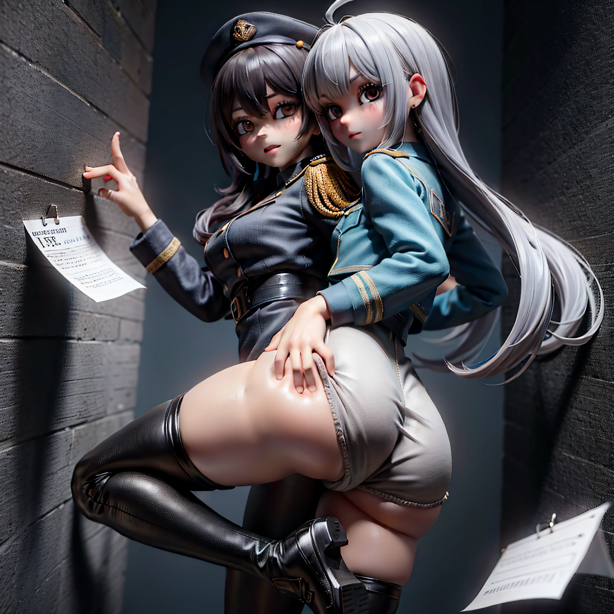 (absurdos,Arte Oficial,Unity 8k papel de parede,ultra detalhado,alta qualidade,best quality),1girl,Cruz de Ferro,corar,tampa com pico,saia,ass,sorrir,dois lados para cima,(Suporte ASS),(hands on own ass),luvas brancas,Uniforme militar,altamente detalhado,absurdos,master part,