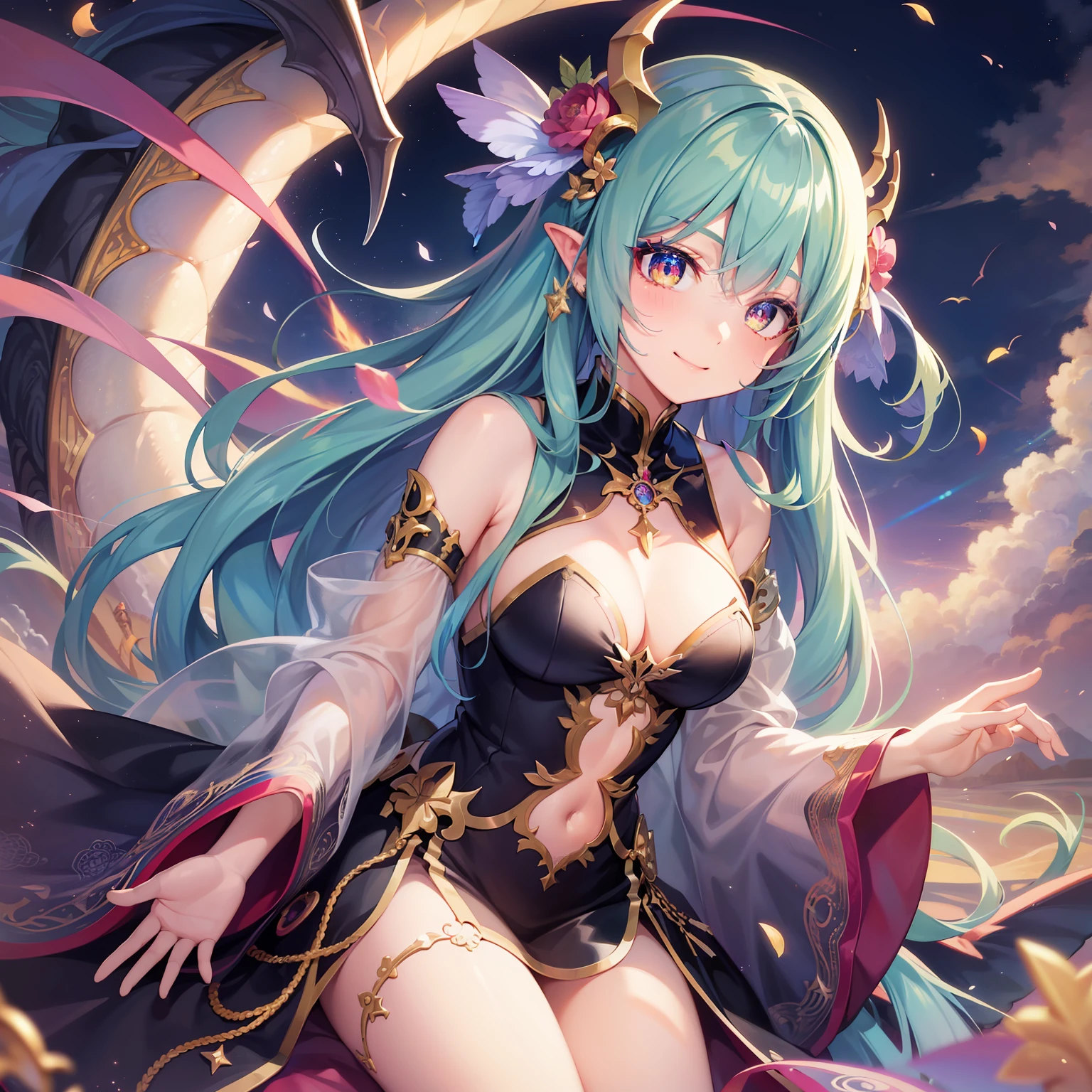 女の子1人、Whole human body、rainbow hair, hair between eye, tiarra、diamond-shaped pupils, makeups, smiley, anime styled, Iridescent dresses、 From above, god statue、masutepiece, Best Quality、riding a dragon、Heavenly sky background、