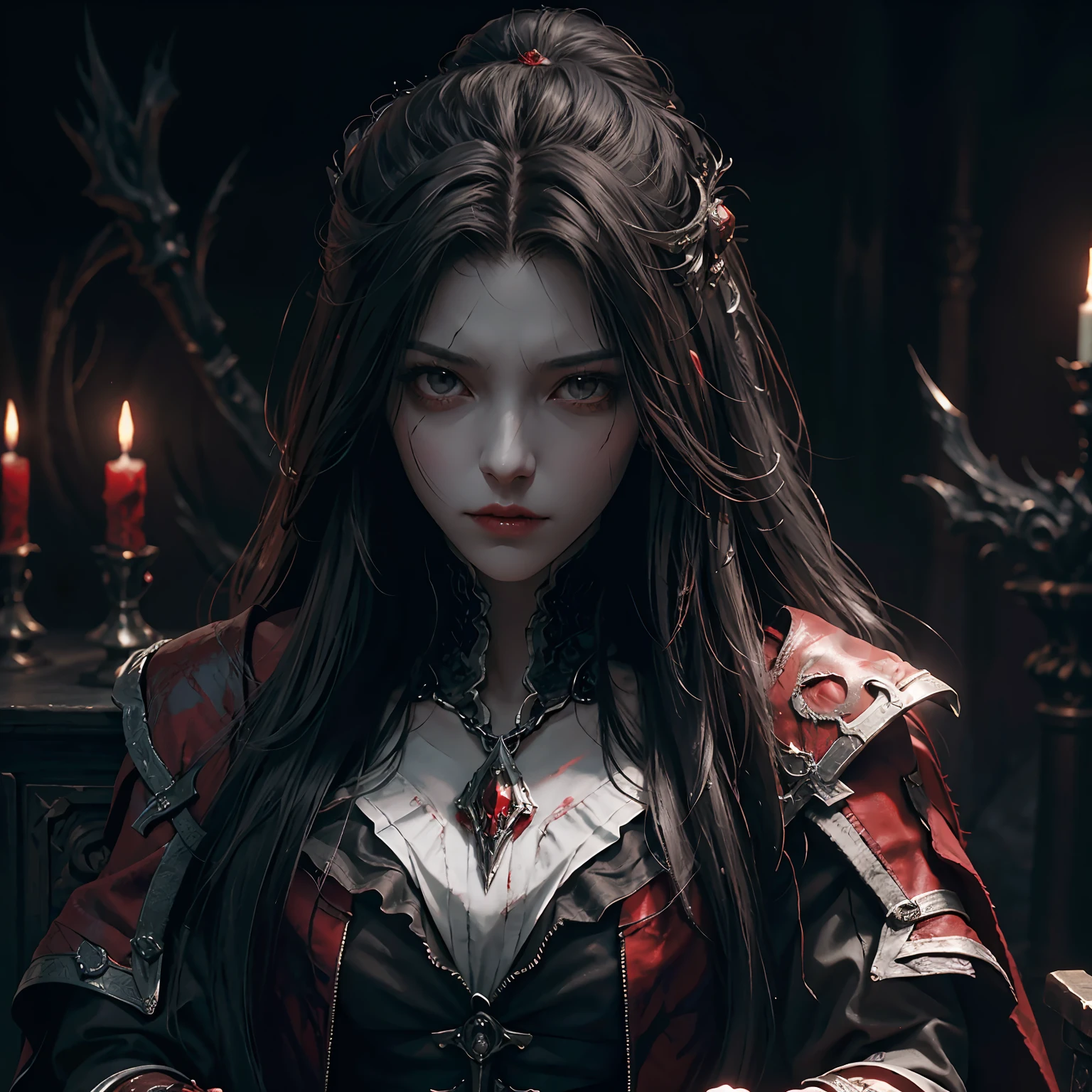 a close up of a demonic looking female hidden blade , alucard, blood knight, castlevania, bloody + concept art, stained”, bloodborn, castlevania inspired, vampire lord, dark fantasy style art, dark fantasy horror art, dark fantasy artwork, female vampire of clan banu haqim, blood on his face, bloodborne art,4k, assassin's creed styles, blood eye,cross bracelet,long hair bun,face tilted,upper body