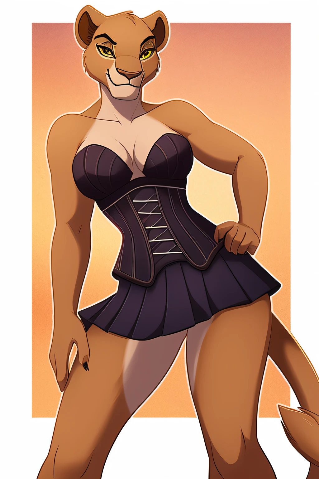 Design a nala character, anthro-inspired from "The Lion King," wearing a short skirt with purple and white stripes, a beautifully detailed black corset bra, and portraying a sultry smile with a provocative stance.