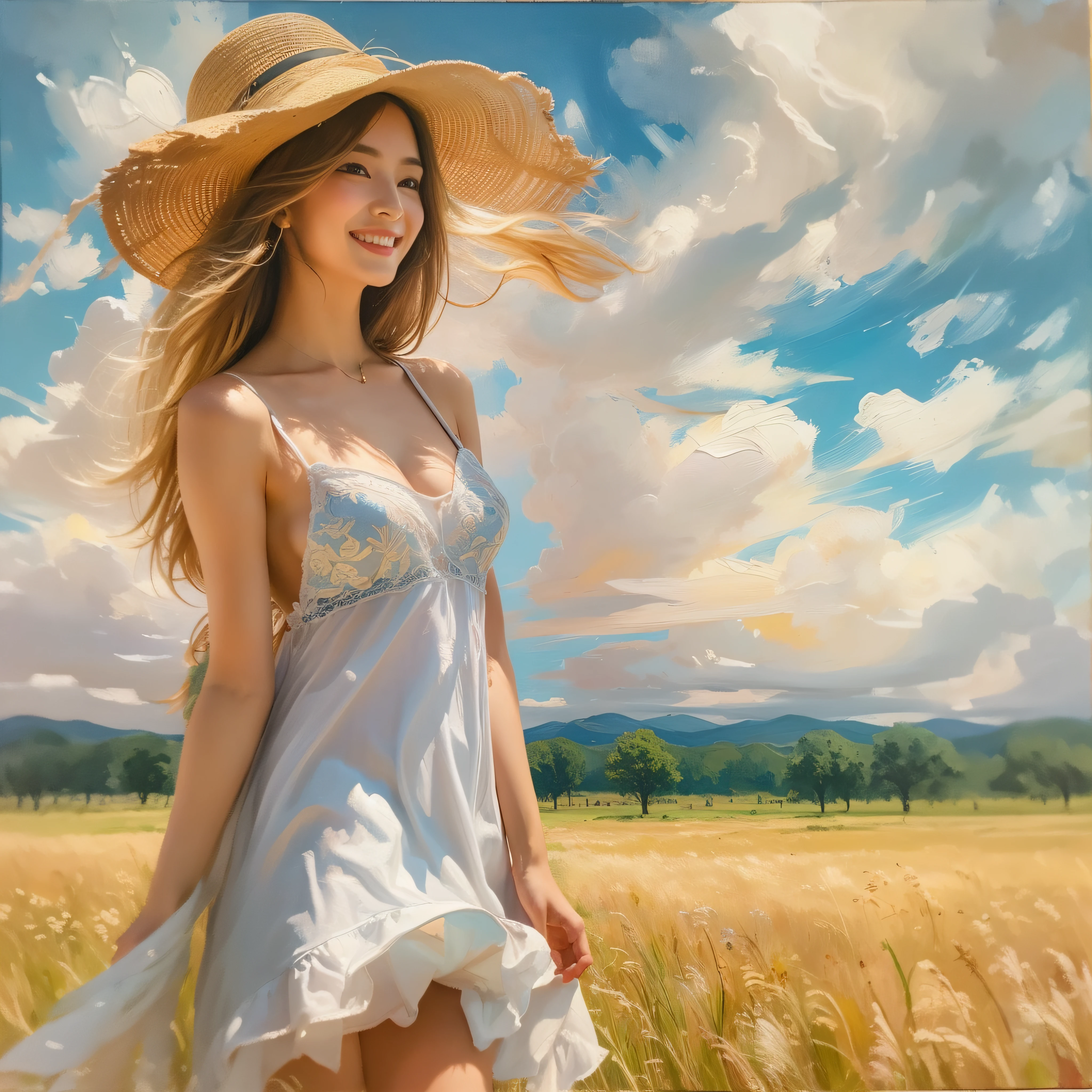 (Best quality), (Masterpiece), oil painting, (1girl), beautiful girl in sexy slip dress, standing in the field, blue sky, clouds, sunny, sun hat, smile, good anatomy, golden ratio