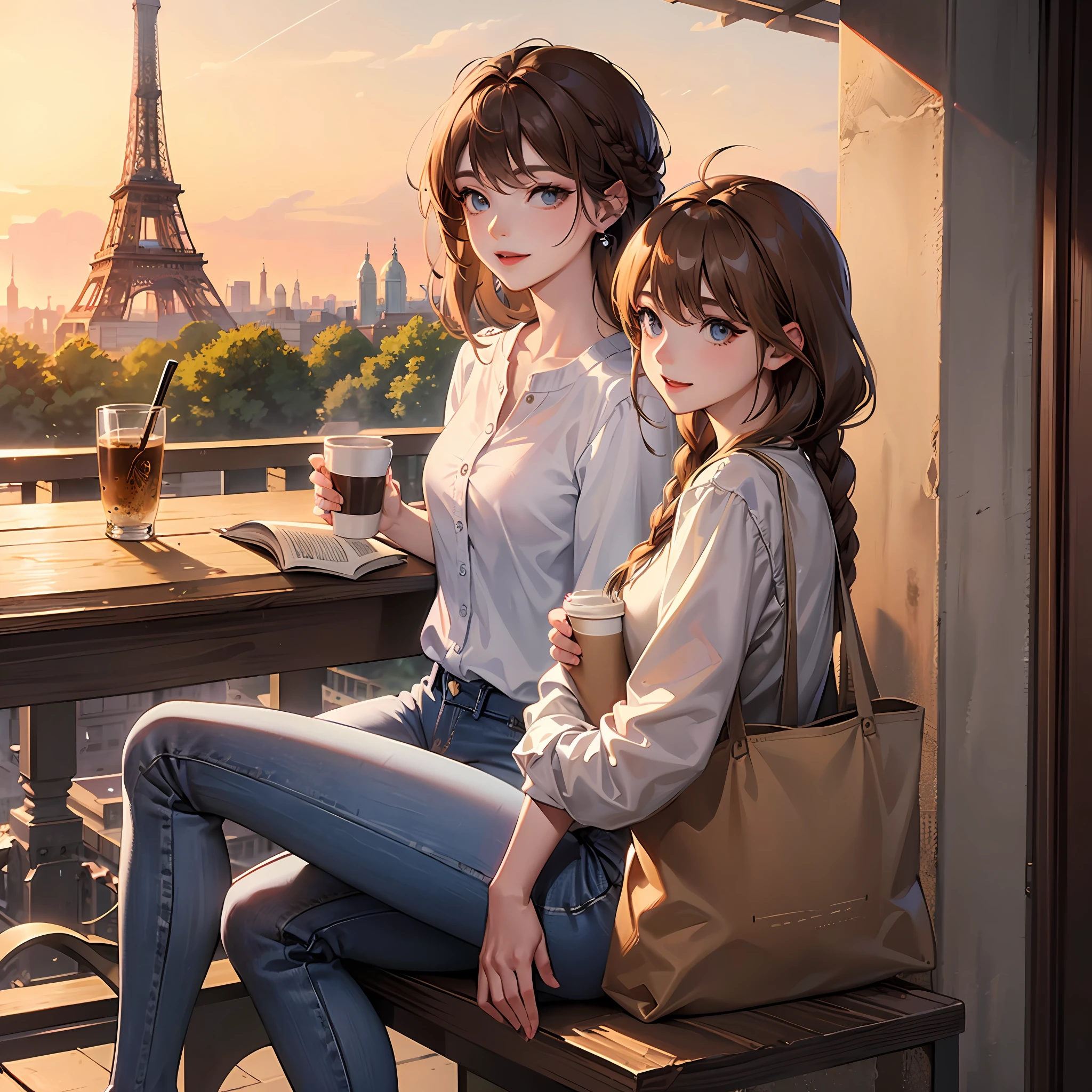 A girl in braid and light brown hair White and white blouse blue eyes and jeans in front of the Eiffel Tower having coffee with croaça at sunset very happy with a bag on the table she is also reading a book --auto