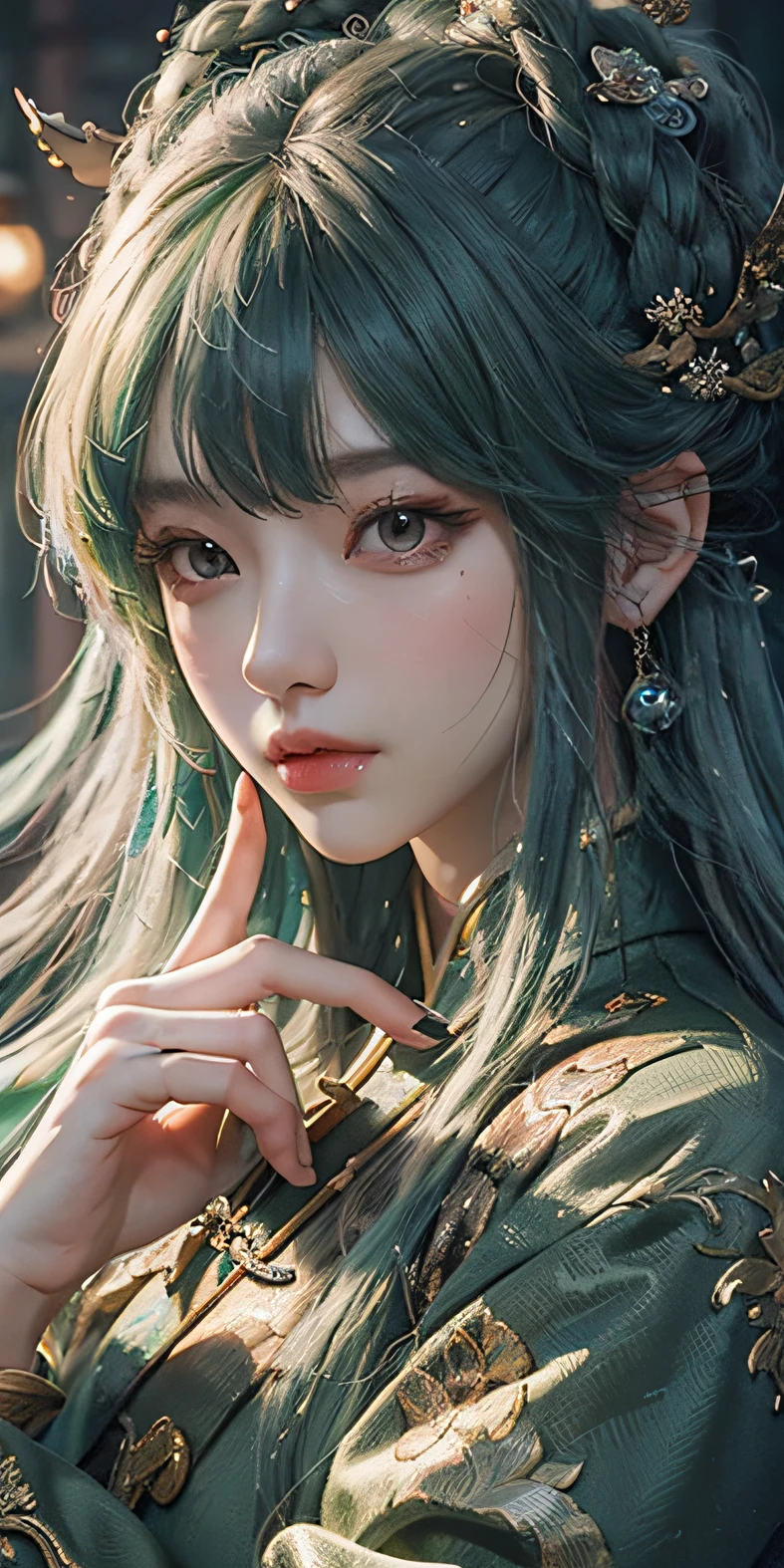 Close up of a woman with green hair and a green mask，Belle peinture de personnage，Chinese immortals，Fairy style，Immortal costumes，Chinese outfit，Guviz，Guviz-style artwork，Silver-haired god，Yang J，Epic and beautiful character art，Stunning character art，FAN Qi，Wu Zhun Shifan，Guvitz at the Pixiv Art Station