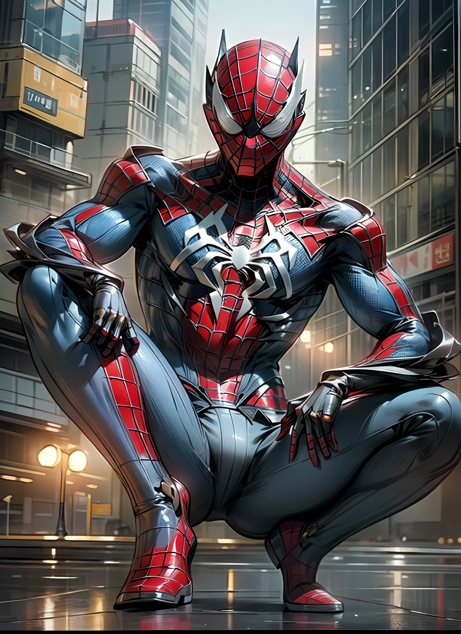 (Spiderman) super detailed mask, super detailed clothes, realistic lighting, realistic, red eyes,8k,solo,Sitting on the building, the night city,Masterpiece, super product, super detail, high perfection, city view,Science Fiction,8 pack, boy,High quality, black and white slime,Golden, impact, cinematic, technology,