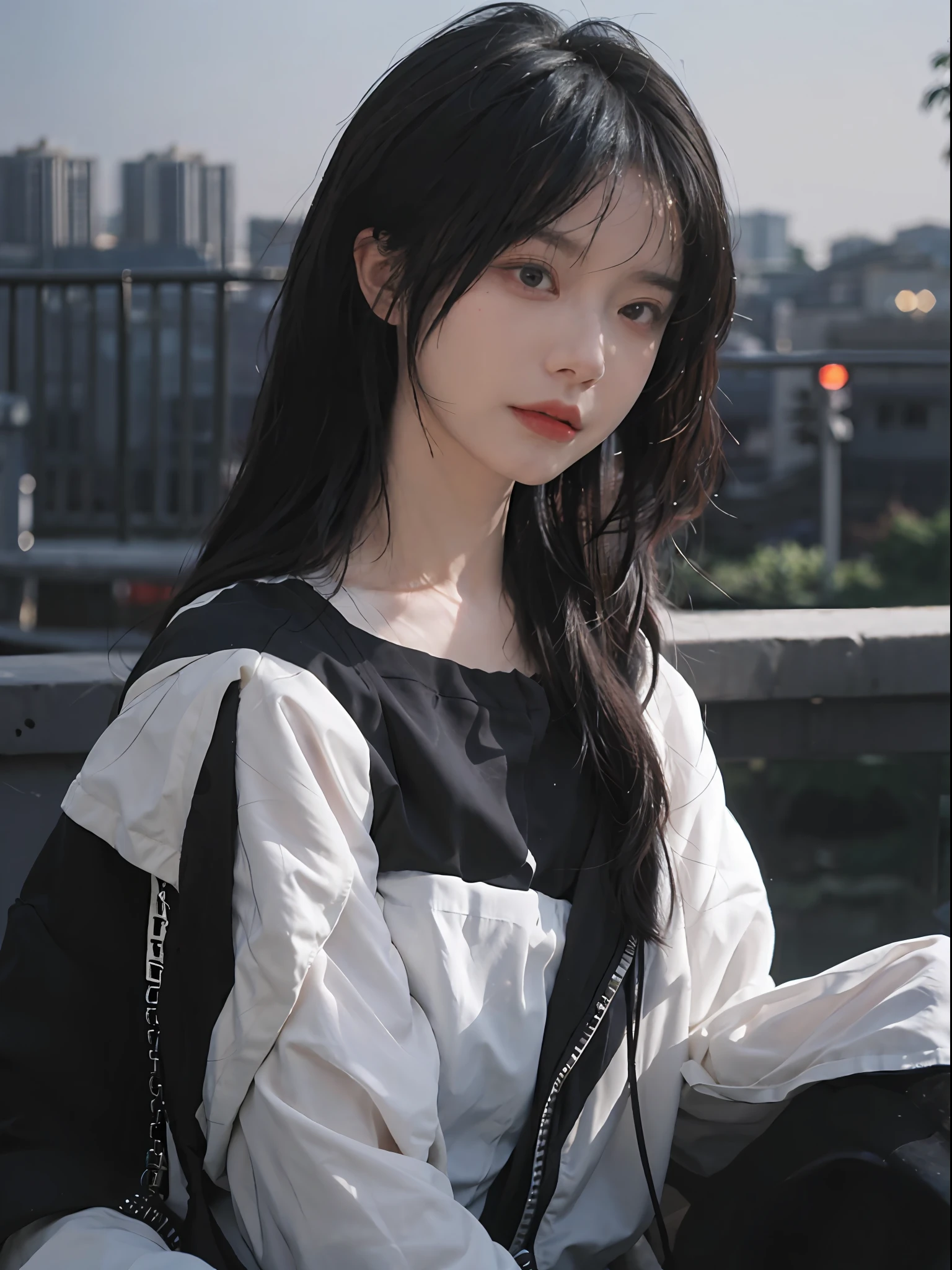best qualtiy,tmasterpiece,超高分辨率,(true to life:1.4),1girll,Raised sexy,(Open black coat),(Black and white bandeau top:1.5),Black and white bandeau top,(Black pantsuit),(Evening atmosphere:1.5), Glowing skin,A detailed eye, 二重まぶた,(pony tails:1.5),White skin of the,Sitting charmingly on a tall building, Upper body photo