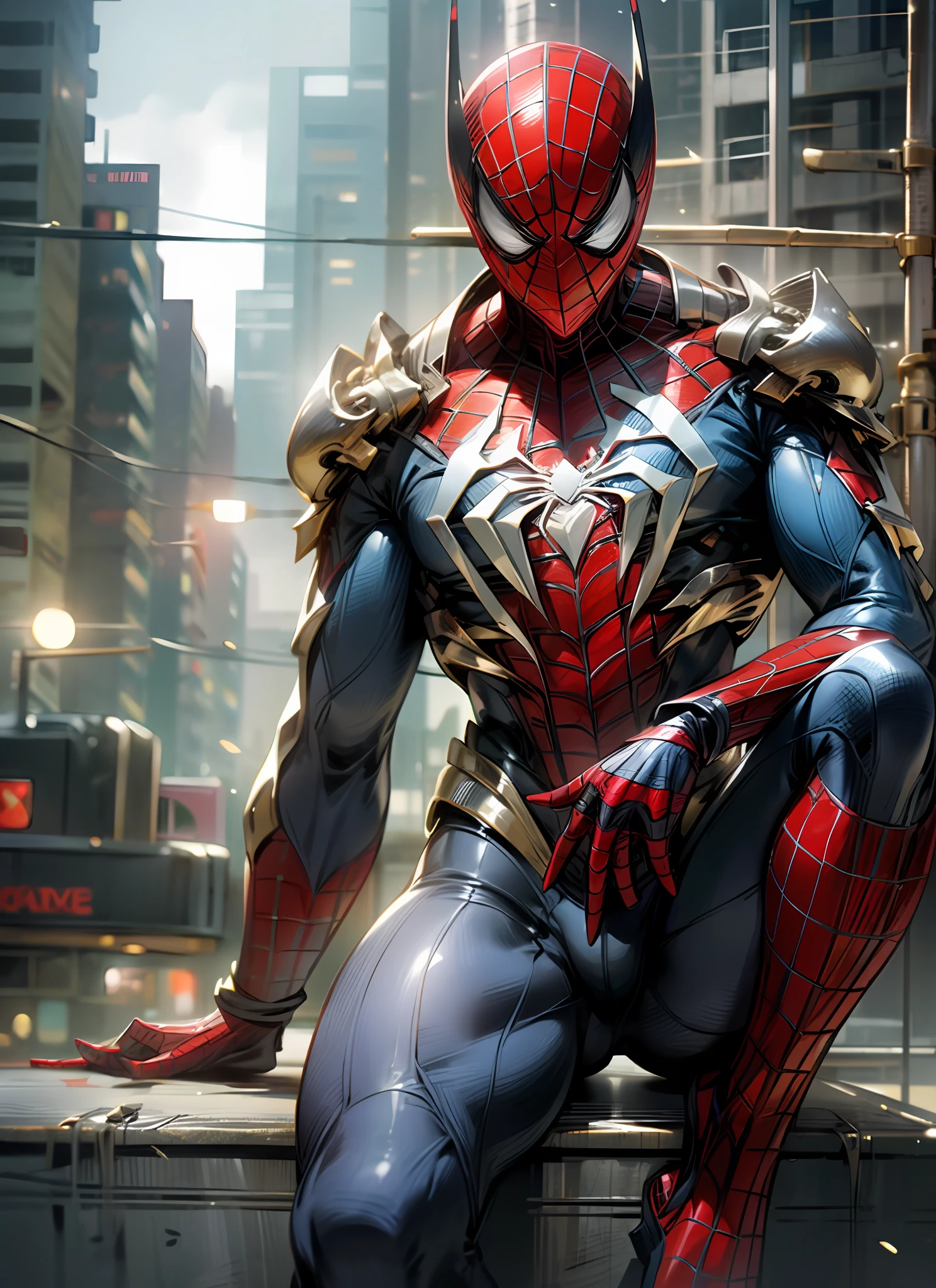 (Spiderman) super detailed mask, super detailed clothes, realistic lighting, realistic, red eyes,8k,solo,Sitting on the building, the night city,Masterpiece, super product, super detail, high perfection, city view,Science Fiction,8 pack, boy,High quality, black and white slime,Golden, impact, cinematic, technology,
