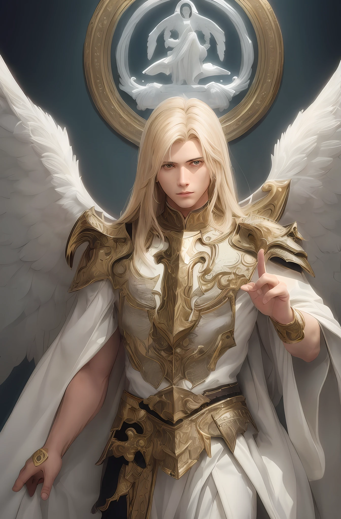 Cria uma imagem de um rei Deus Soberano, on his throne with center in his right hand, serious look realistic image blond hair blue eyes crown on head