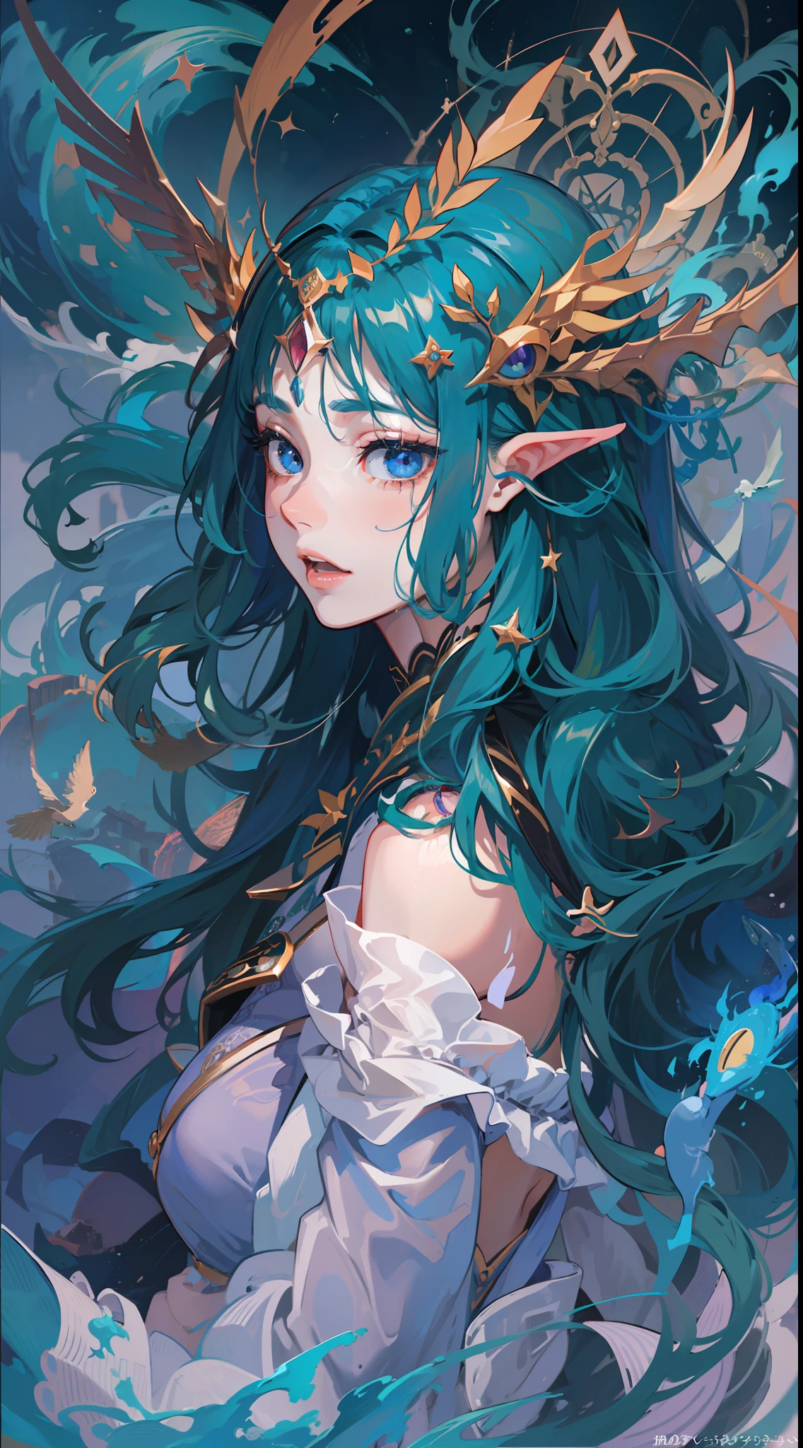 Death,Blood,Night, Dark, (Fantasy),infinite,deep blue sky,The abyss of knowledge,Cowledge,((masutepiece)), (((Best Quality))),((Beautiful fine eyes)),(Eye lashes)、The Monster、(1人)、Blue-haired、The long-haired、abyss eyes、glowy skin、oils、small tits、(Bird body、pluma)、tattered cloth、Tee、elvish、Super exquisite CG unity 8k wallpaper、masterpiece, ((ultra-detailliert)), ((illustratio)),colourfull,wall-paper,The energy,Unknown terror,Incomprehensible,Around the magic,Magical surroundings,magic wands,Boken,Flying pages,Know everything,Predict the future、Get to know the past、Infinite wisdom、blue flames、Warlock、magic circles、Pentagram、Spells、mantra、Singing magic