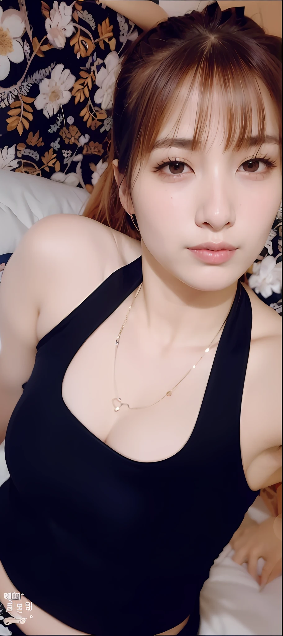 a close up of a woman in a black top on a bed, attractive neck, beautiful south korean woman, 2 7 years old, korean girl, 2 2 years old, 30 years old woman, 3 0 years old woman, 2 3 years old, gorgeous young korean woman, 2 8 years old, 21 years old, 2 4 year old female model