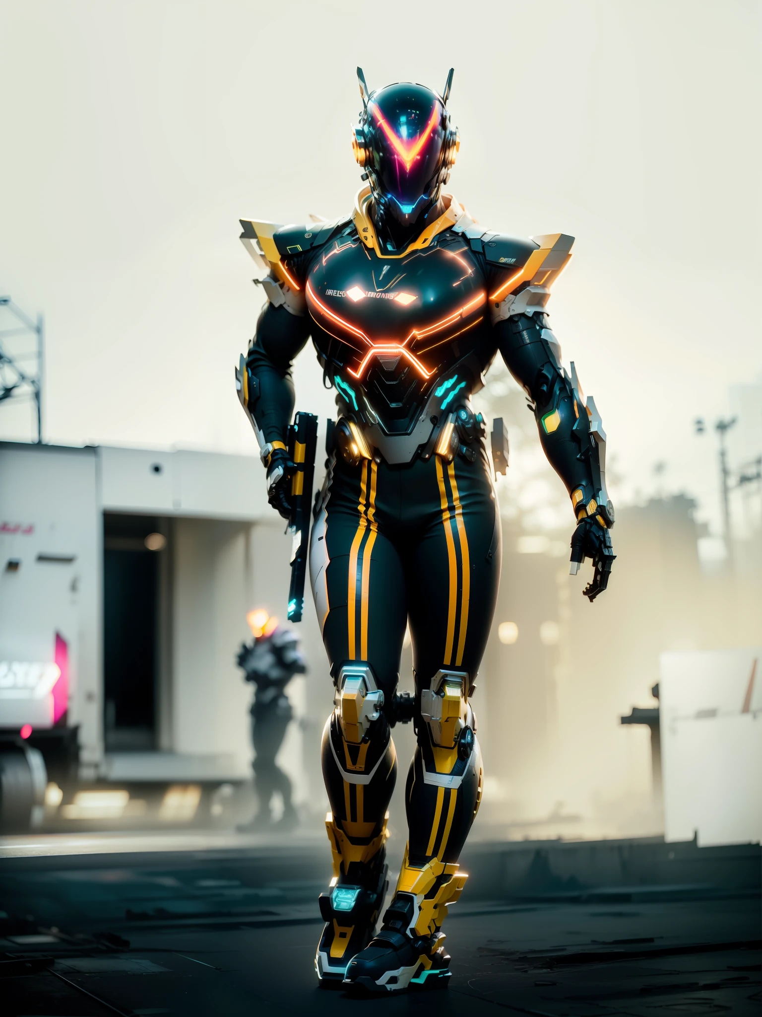 Realiy,photorealestic,Machinary,mechs,Technologie,musculous,glowing light eyes,Burly body,style of photography,Real scenery(Metallic texture 1.8)(Excess detail 2)(High resolution1.6)(4K clarity1.9)(Carbon fiber 1.5)(Metal reflection 1.5),Gun in hand,Neon lights