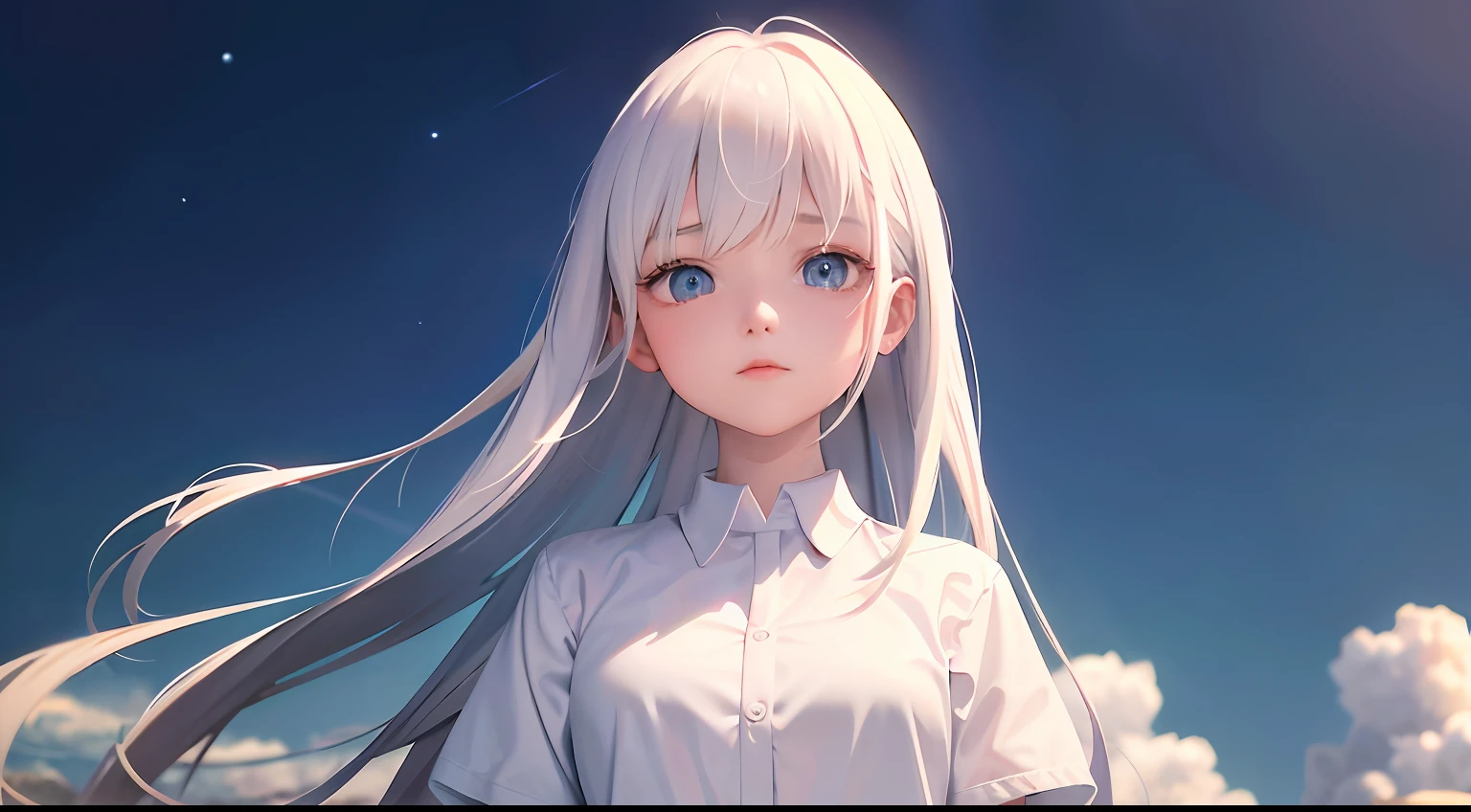 masterpiece、best、1girl in、The upper part of the body、white hair、Crisp eyes、The shirt、(((natta、starrysky)))、a park、