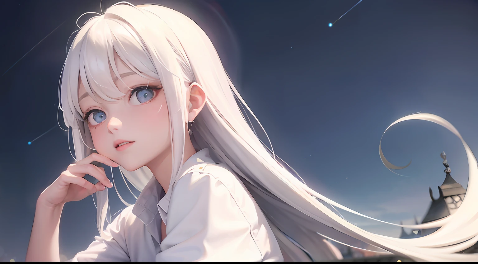 masterpiece、best、1girl in、The upper part of the body、white hair、Crisp eyes、The shirt、(((natta、starrysky)))、a park、