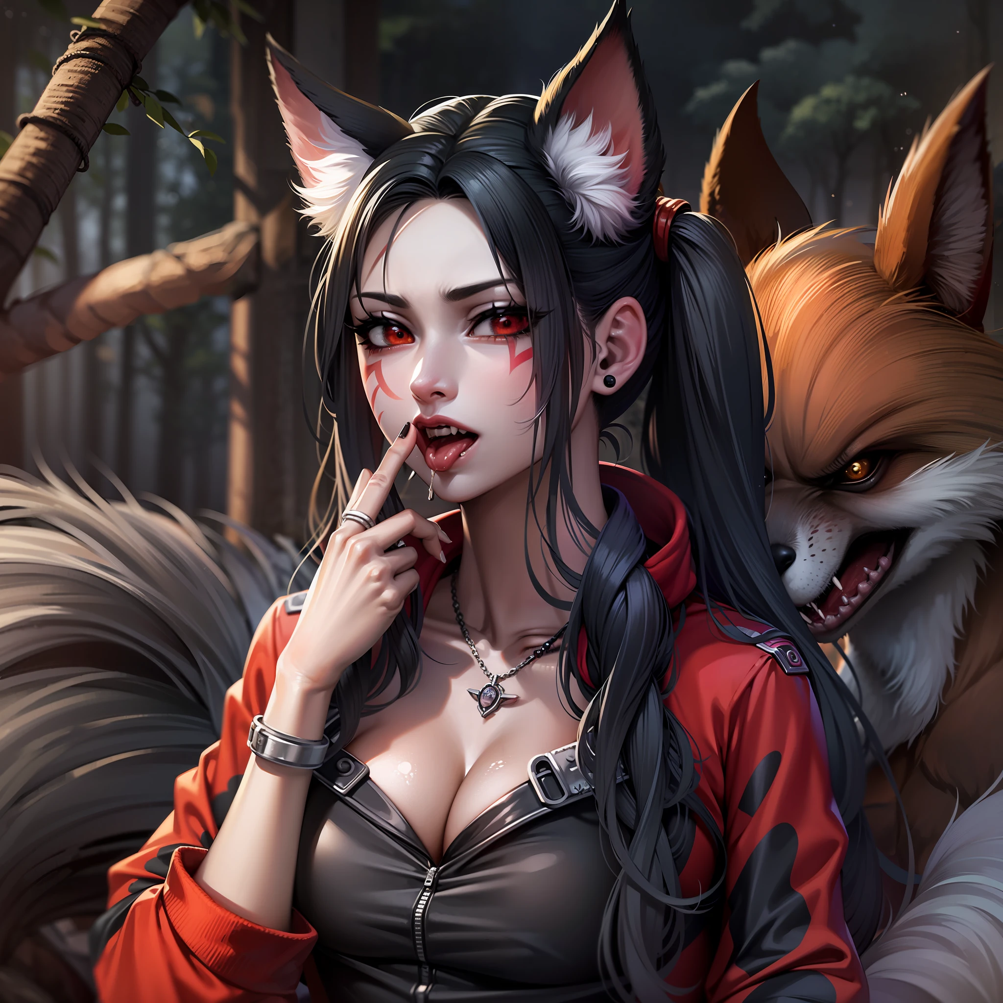 Harley Quinn, (werewolf:1), furry,, from behind, grab arms, (masterpiece:1.2), (best quality:1.2), (extremely detailed:1.2), (extremely detailed face), (detailed background), (ultra detailed), 8k, 1girl, big breasts, ah1, facial mark, multiple tails, fox tails, red korean clothes, bare shoulders, black hair, ulzzang-6500-v1.1, painful expression, mouth open, dripping saliva from mouth, juice
in the forest,