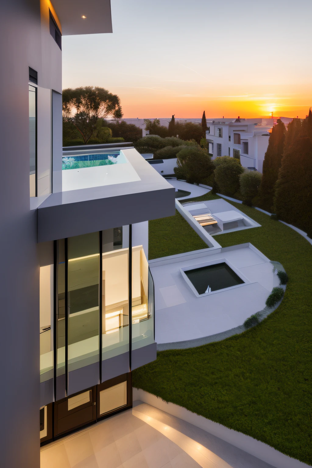 dvArchModern, 85mm, f1.8, architecture, photorealism, hyperrealism, orante, super detailed, intricate, dramatic, sunset lighting, shadows, high dynamic range